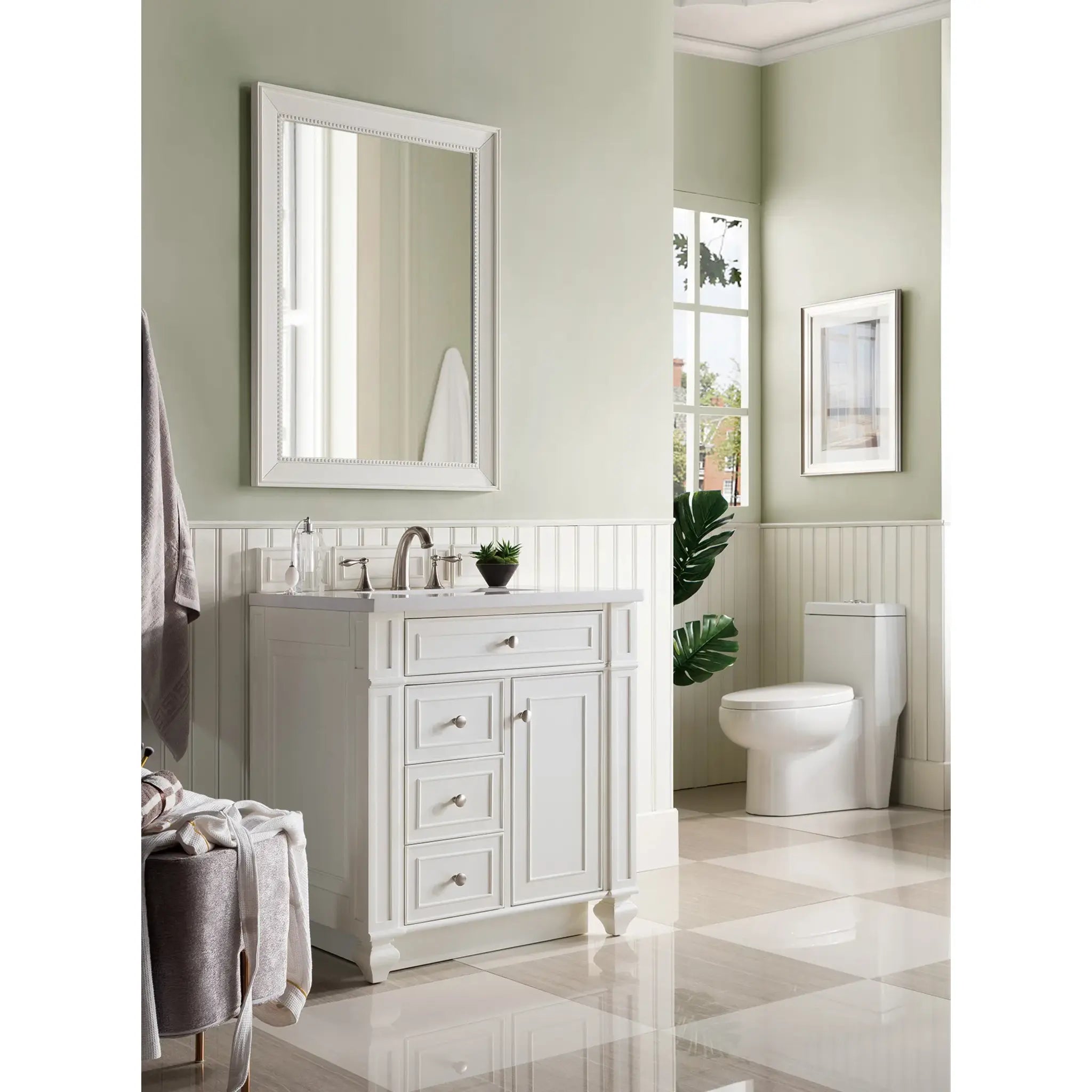 30" Bristol Single Vanity in Bright White-White Zeus Silestone-8" Widespread image 2