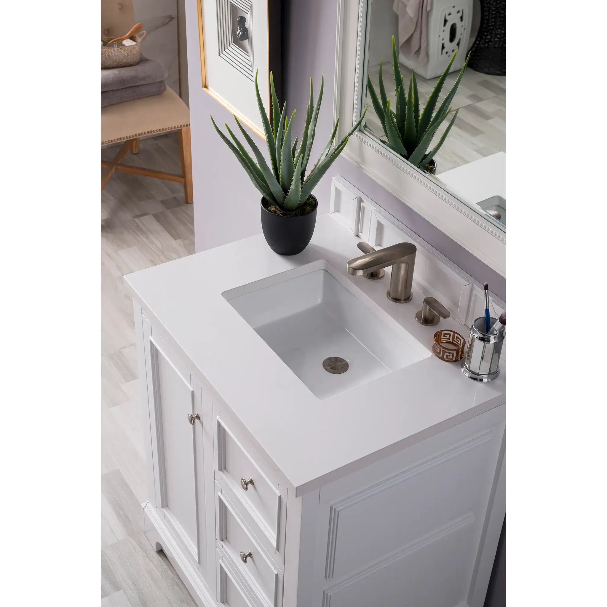 30" Bristol Single Vanity in Bright White-White Zeus Silestone-8" Widespread image 4