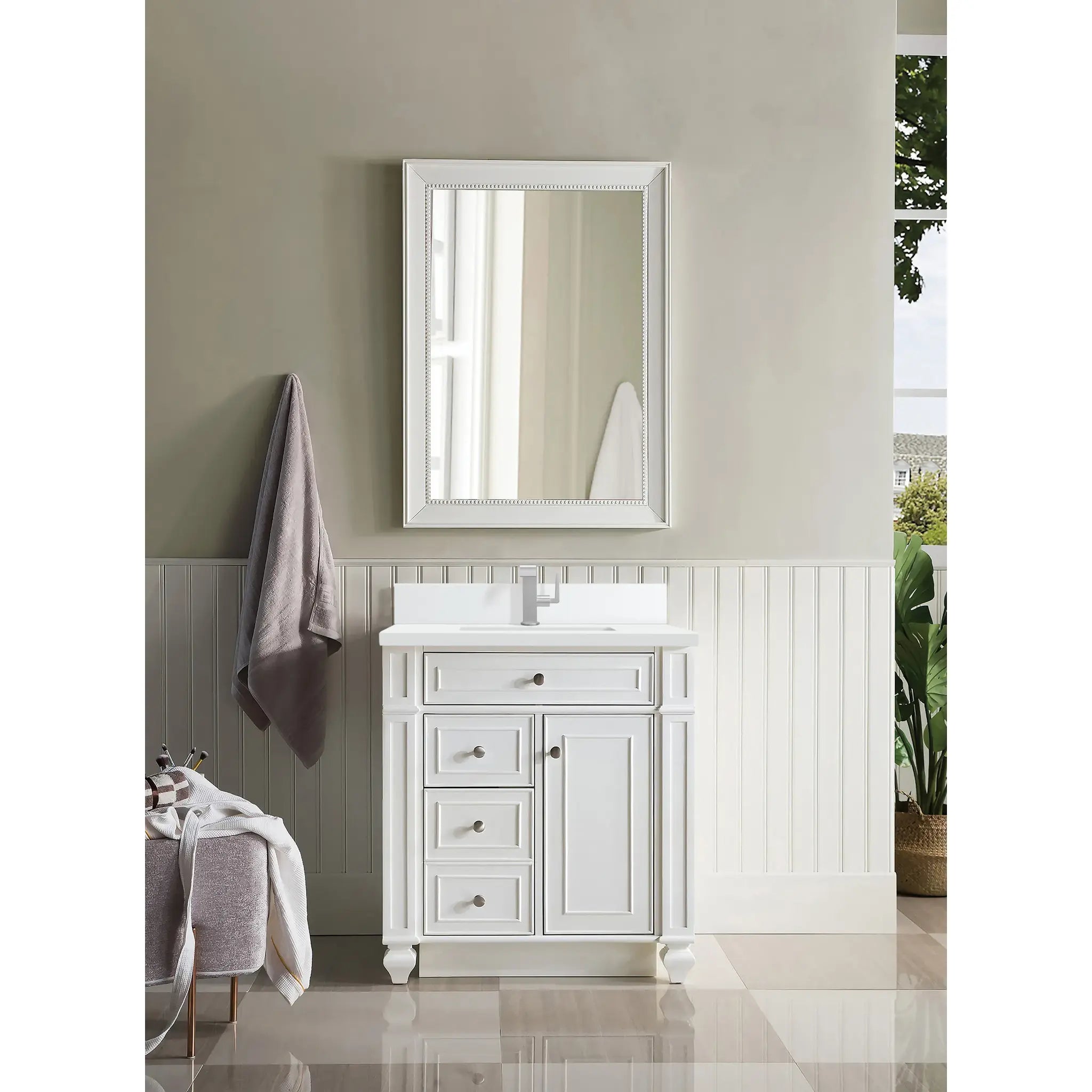 30" Bristol Single Vanity in Bright White-White Zeus Silestone & Backsplash-Single Hole image 1