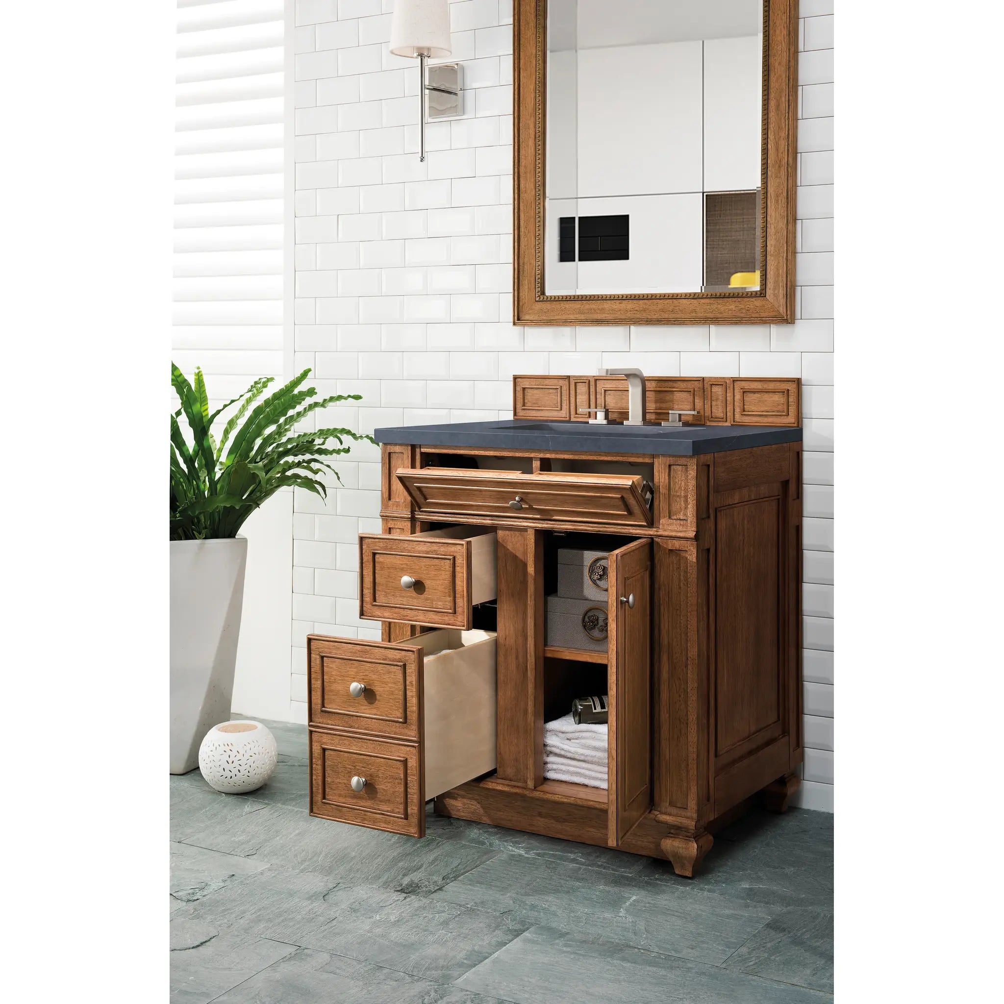 30" Bristol Single Vanity in Saddle Brown-Charcoal Soapstone Silestone-8" Widespread image 3
