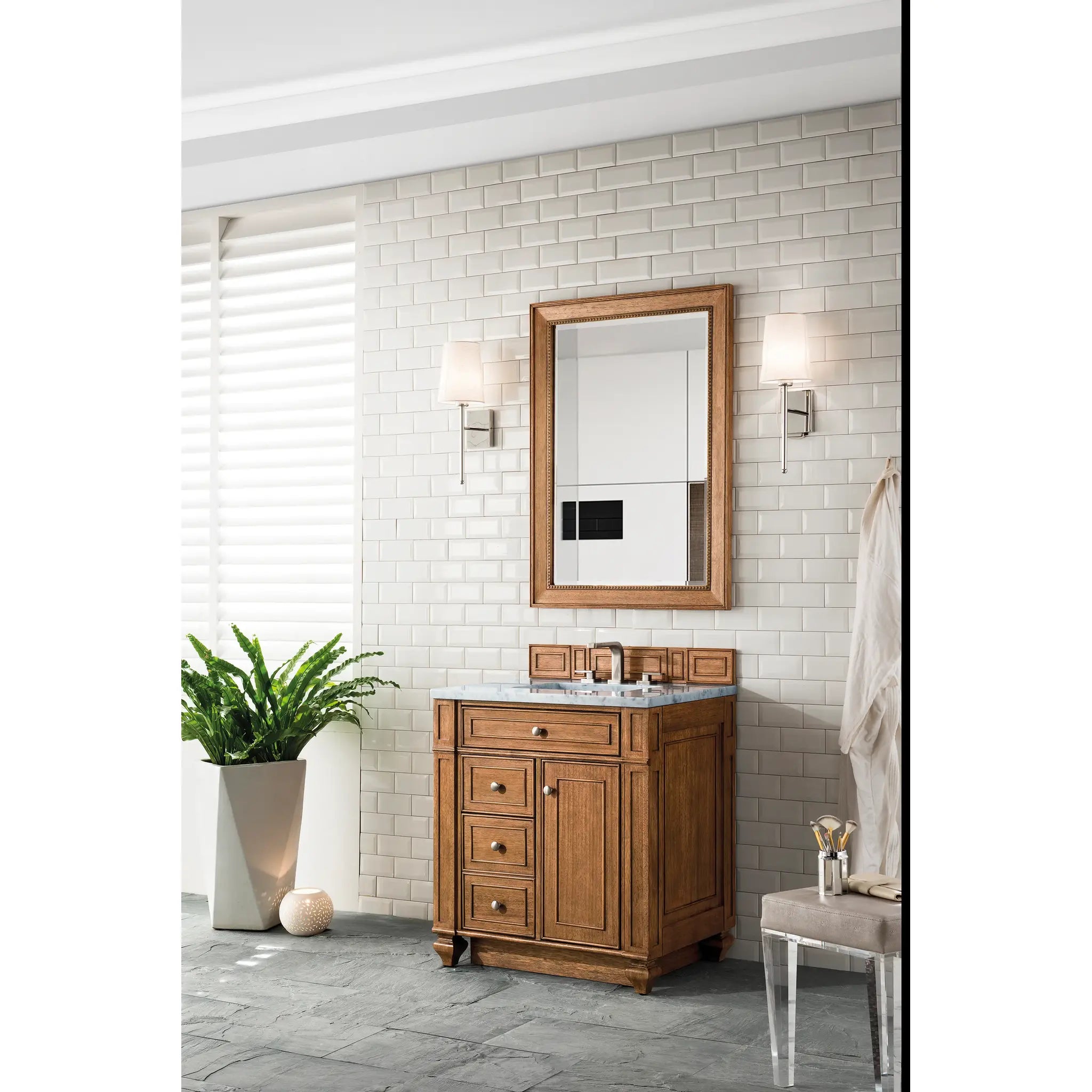 30" Bristol Single Vanity in Saddle Brown-Eternal Jasmine Pearl Silestone-8" Widespread image 2