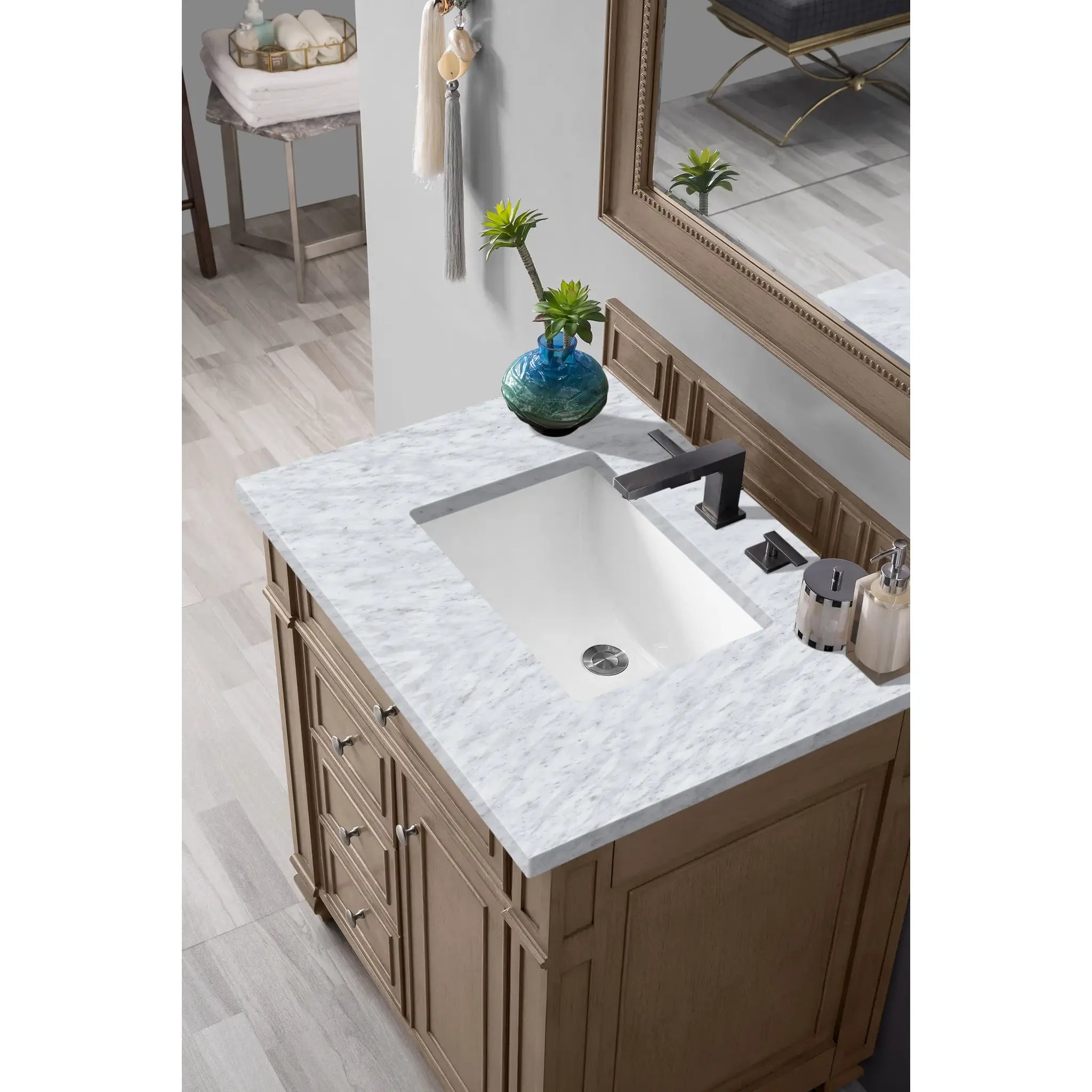 30" Bristol Single Vanity in Whitewashed Walnut-Carrara White Marble-8" Widespread image 2