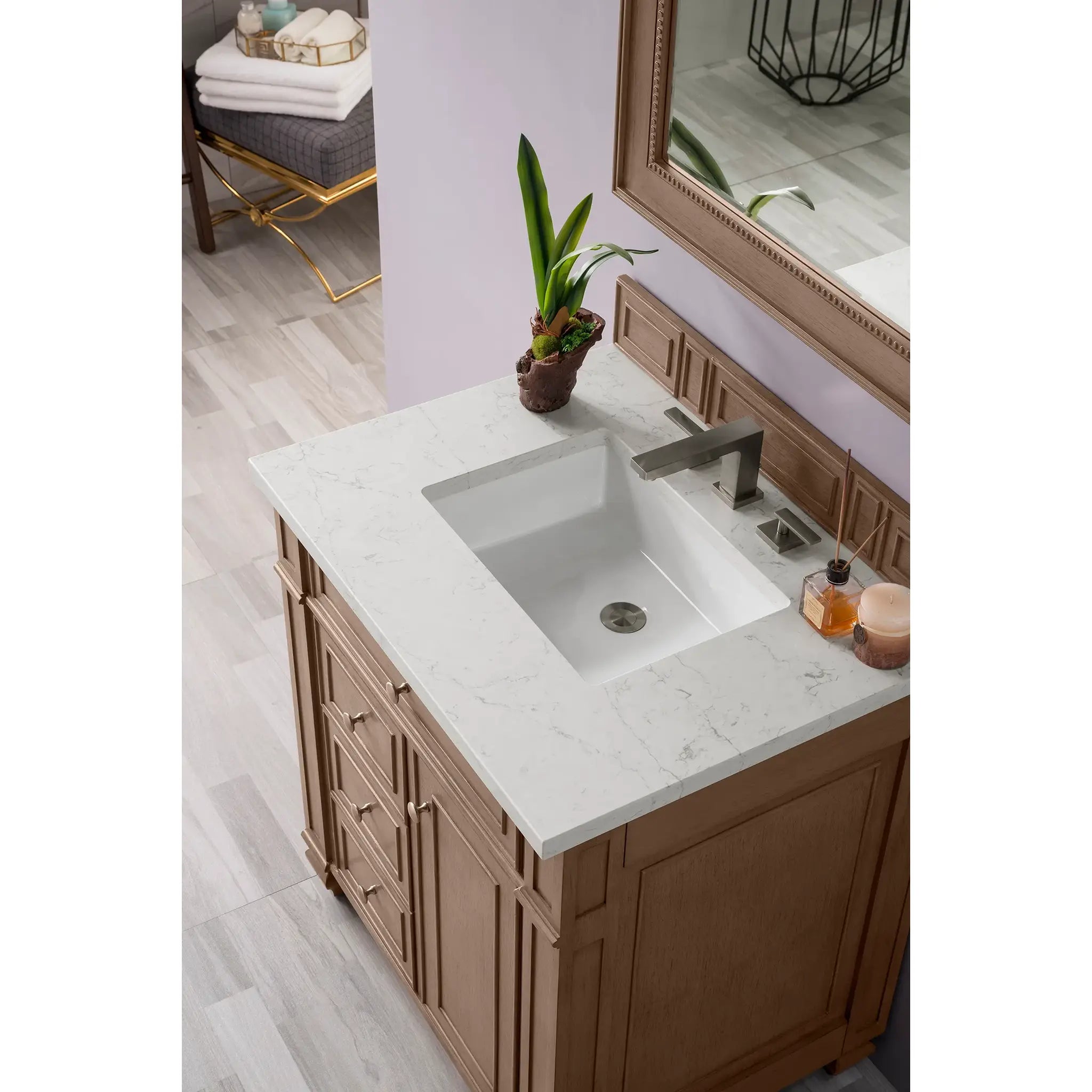30" Bristol Single Vanity in Whitewashed Walnut-Eternal Jasmine Pearl Silestone-8" Widespread image 2