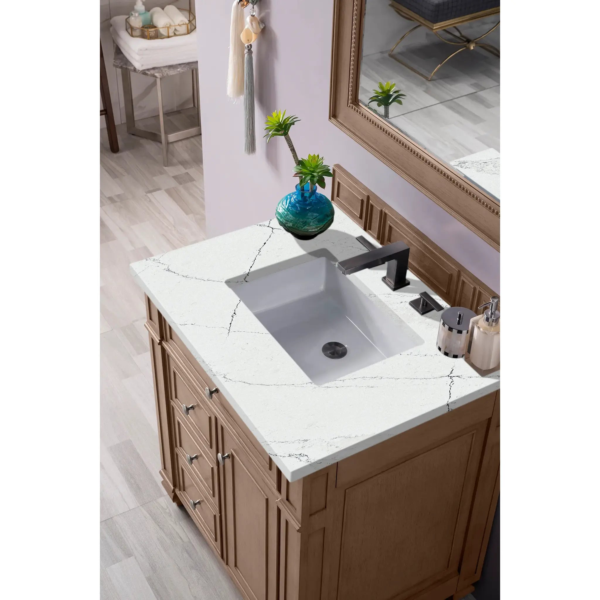 30" Bristol Single Vanity in Whitewashed Walnut-Ethereal Noctis Silestone-8" Widespread image 2