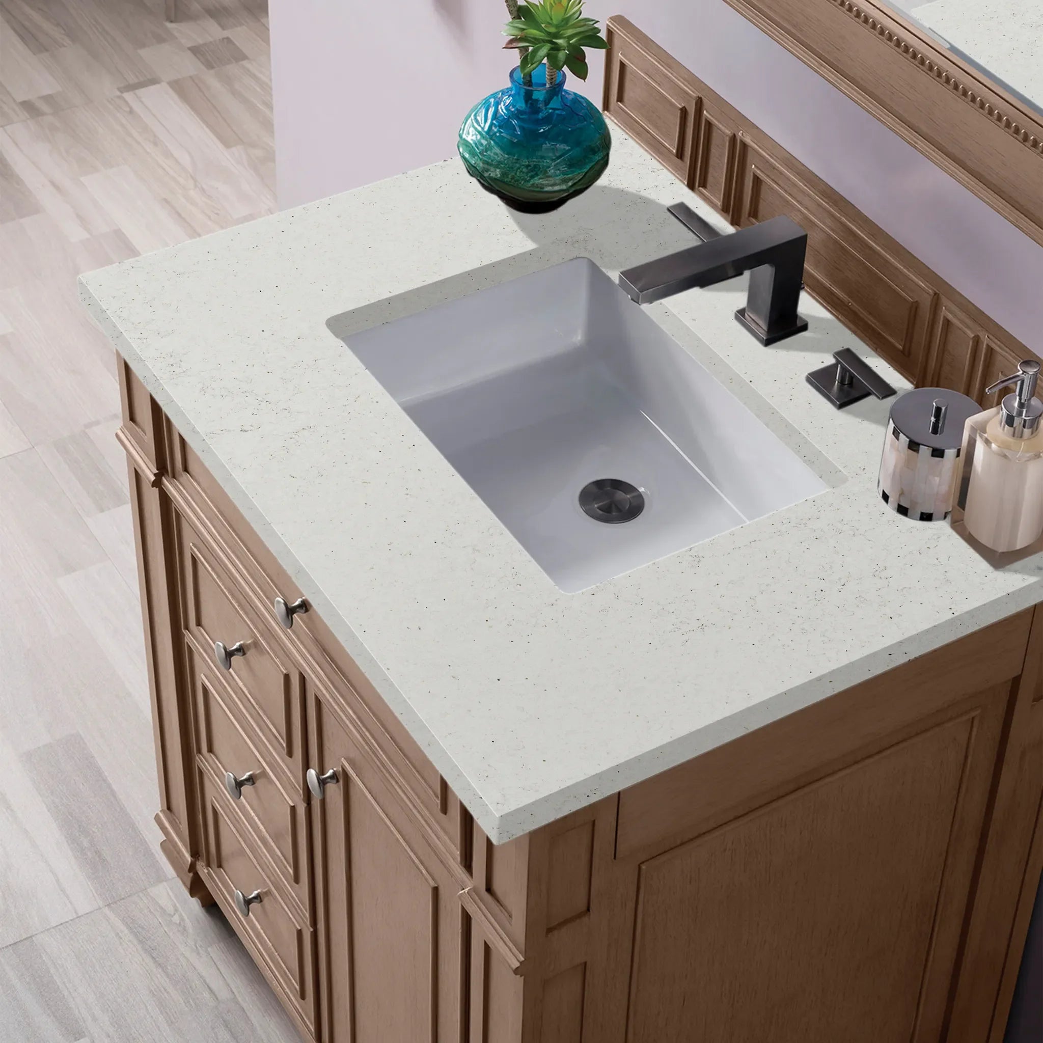 30" Bristol Single Vanity in Whitewashed Walnut-Lime Delight Silestone-8" Widespread image 3