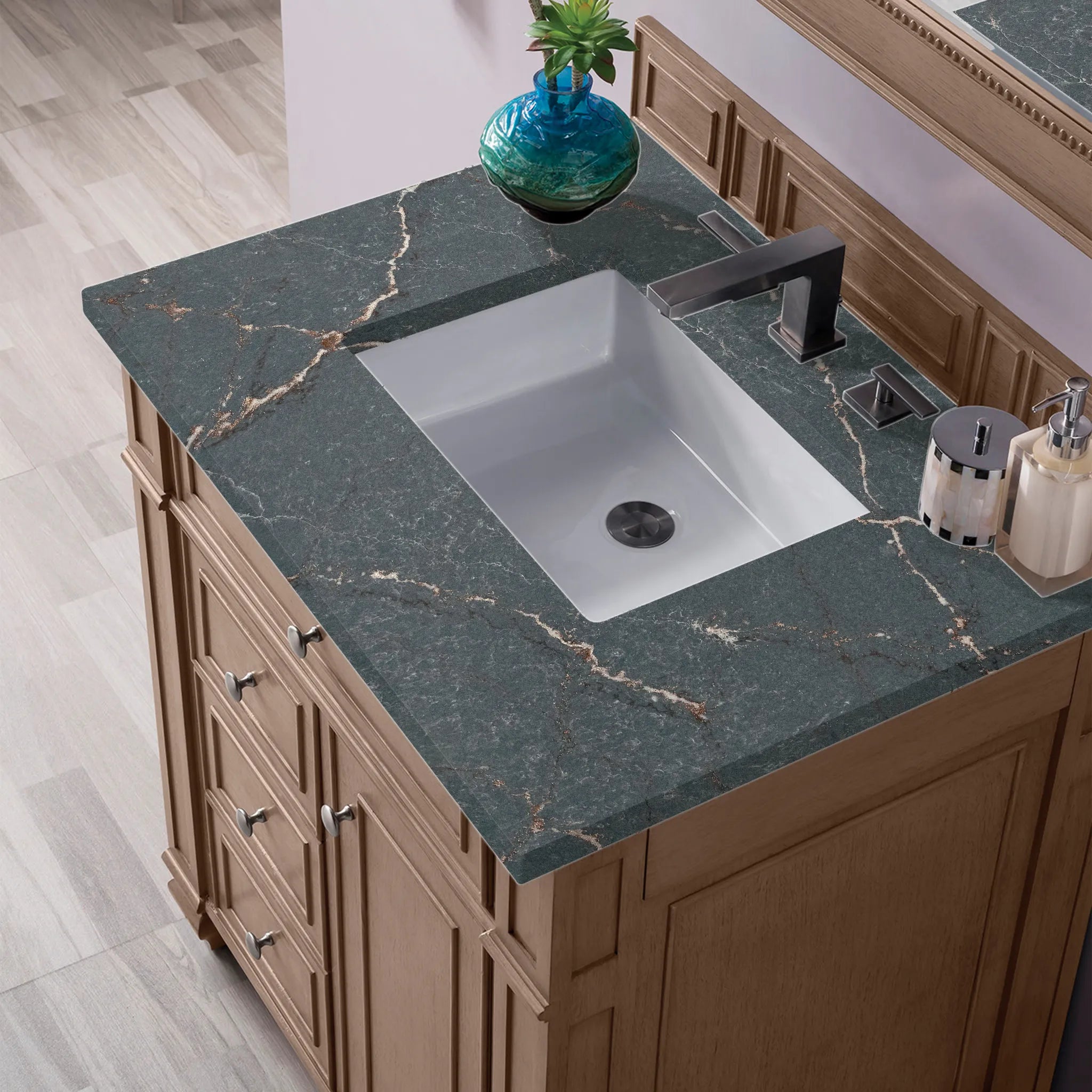 30" Bristol Single Vanity in Whitewashed Walnut-Parisien Bleu Silestone-8" Widespread image 3