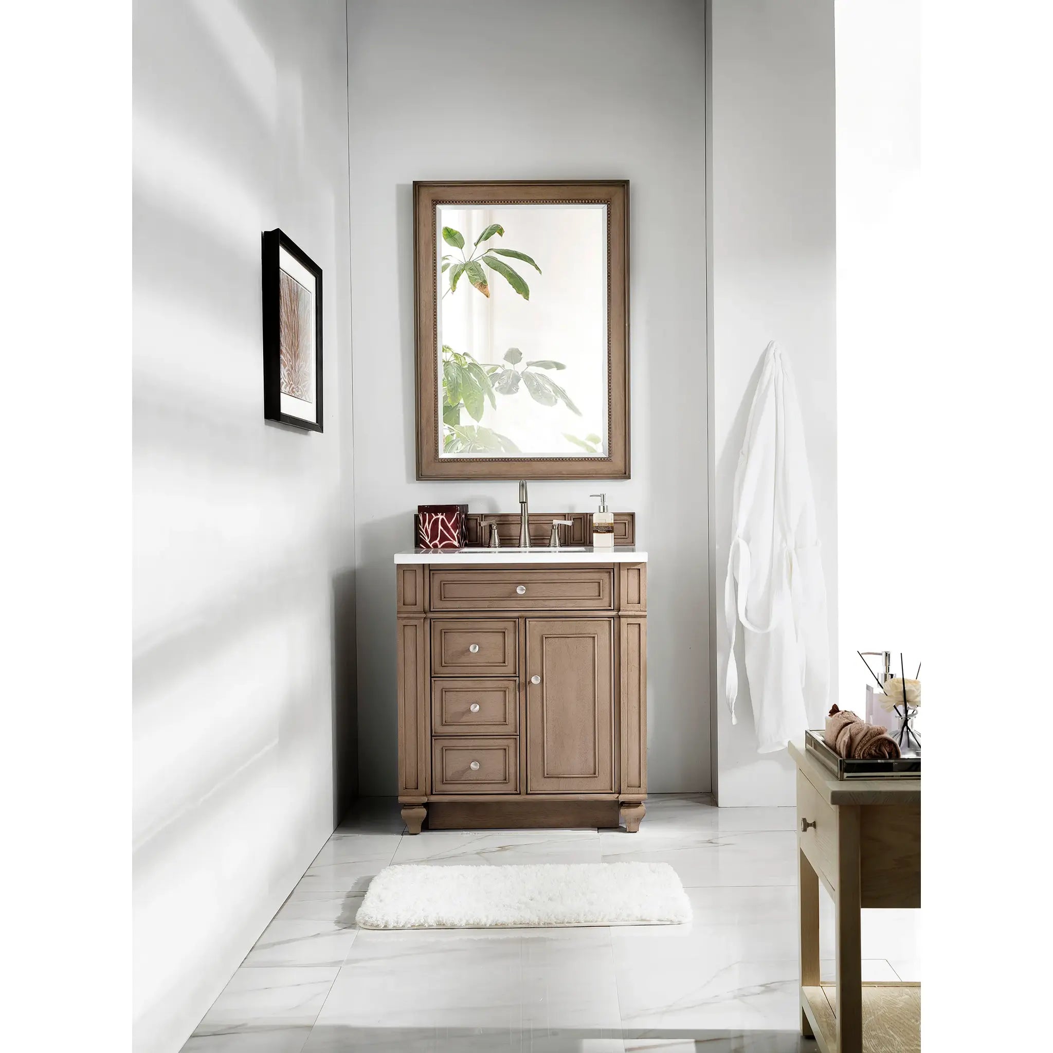30" Bristol Single Vanity in Whitewashed Walnut-White Zeus Silestone-8" Widespread image 1