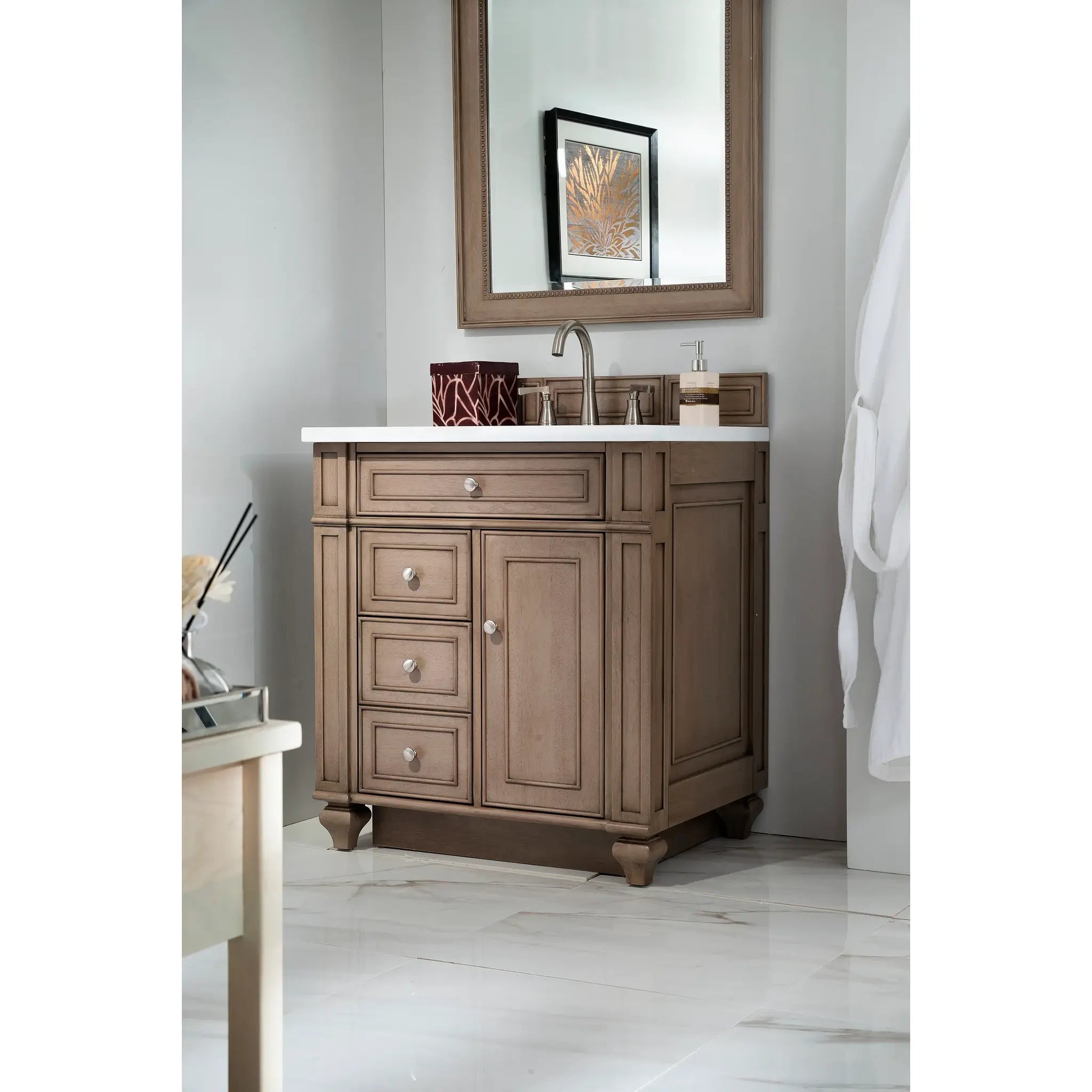 30" Bristol Single Vanity in Whitewashed Walnut-White Zeus Silestone-8" Widespread image 2