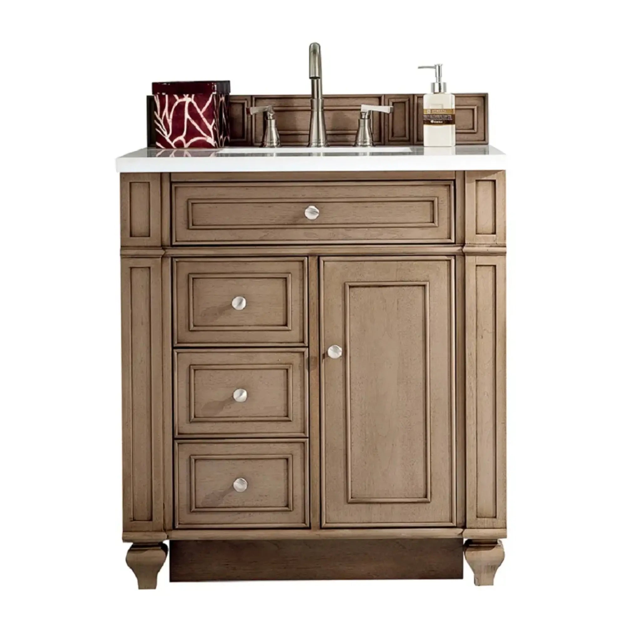 30" Bristol Single Vanity in Whitewashed Walnut-White Zeus Silestone-8" Widespread image
