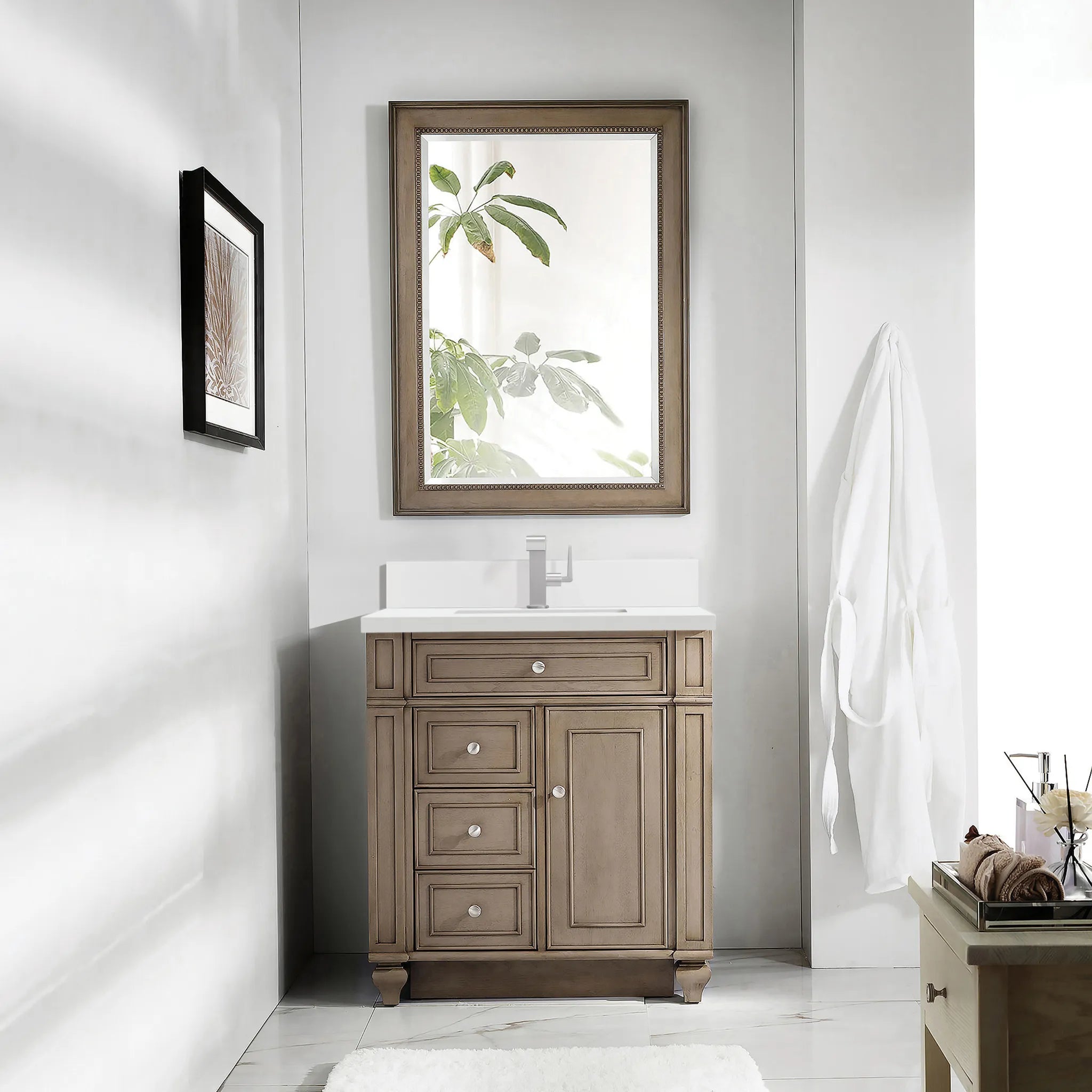 30" Bristol Single Vanity in Whitewashed Walnut-White Zeus Silestone & Backsplash-Single Hole image 1