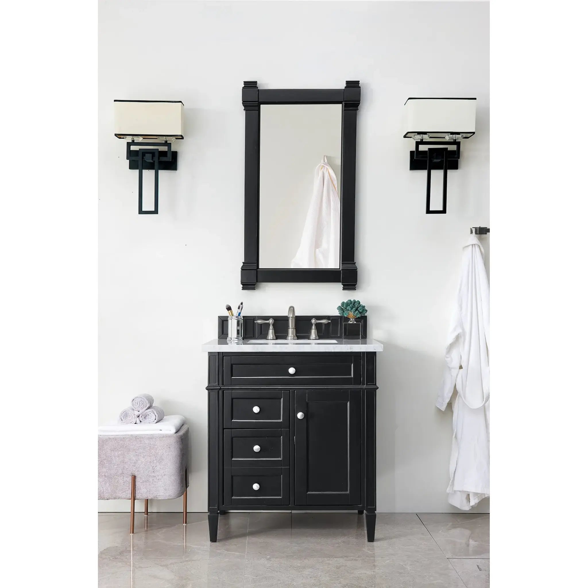 30" Brittany Single Vanity in Black Onyx-Carrara White Marble-8" Widespread image 1