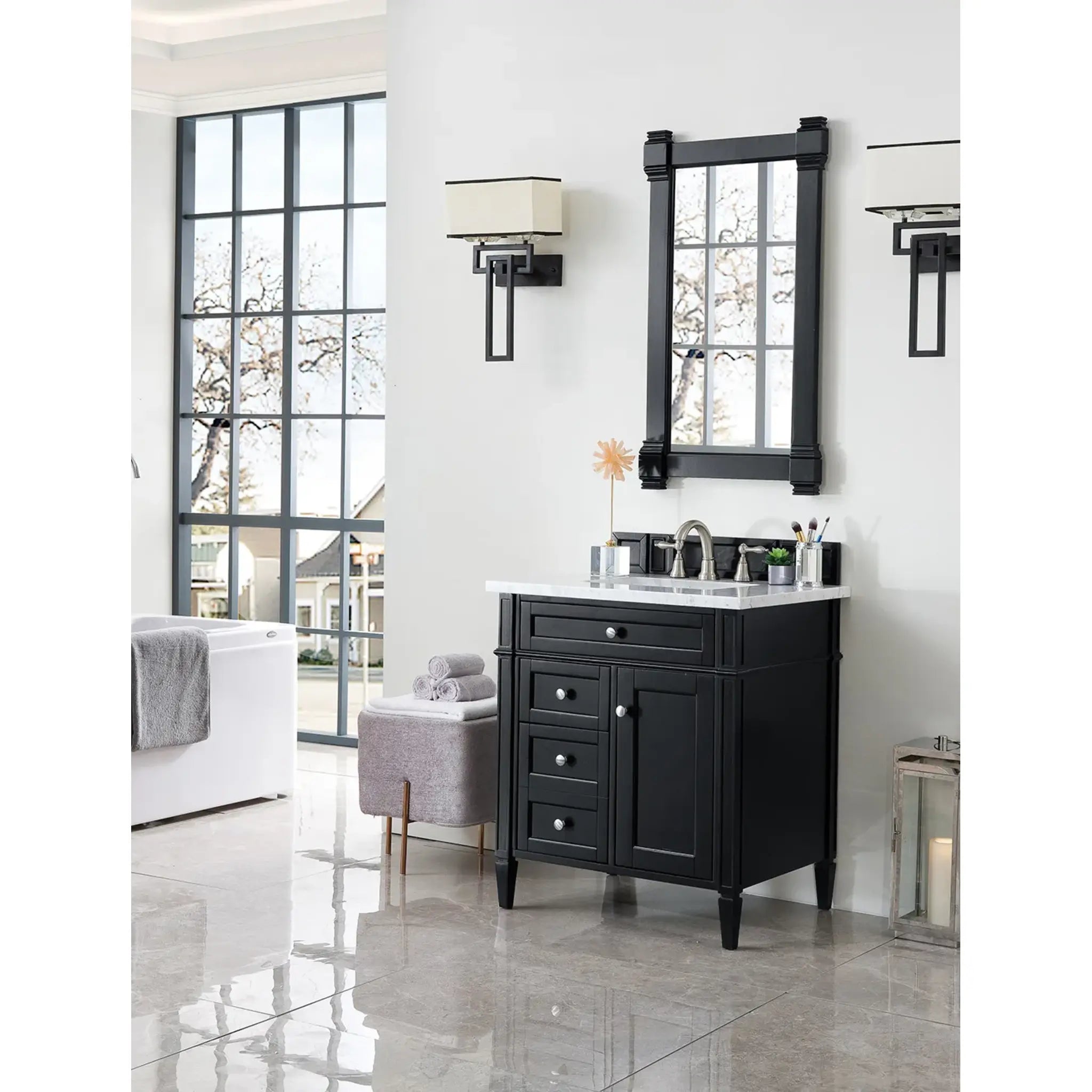 30" Brittany Single Vanity in Black Onyx-Carrara White Marble-8" Widespread image 2