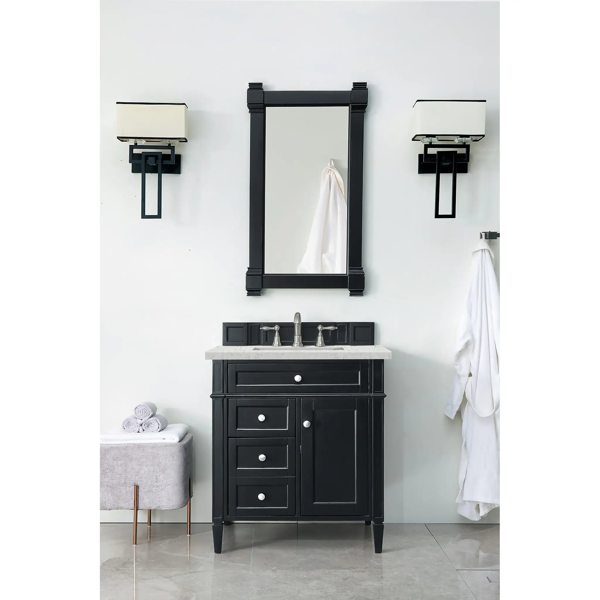 30" Brittany Single Vanity in Black Onyx-Eternal Jasmine Pearl Silestone-8" Widespread image 1