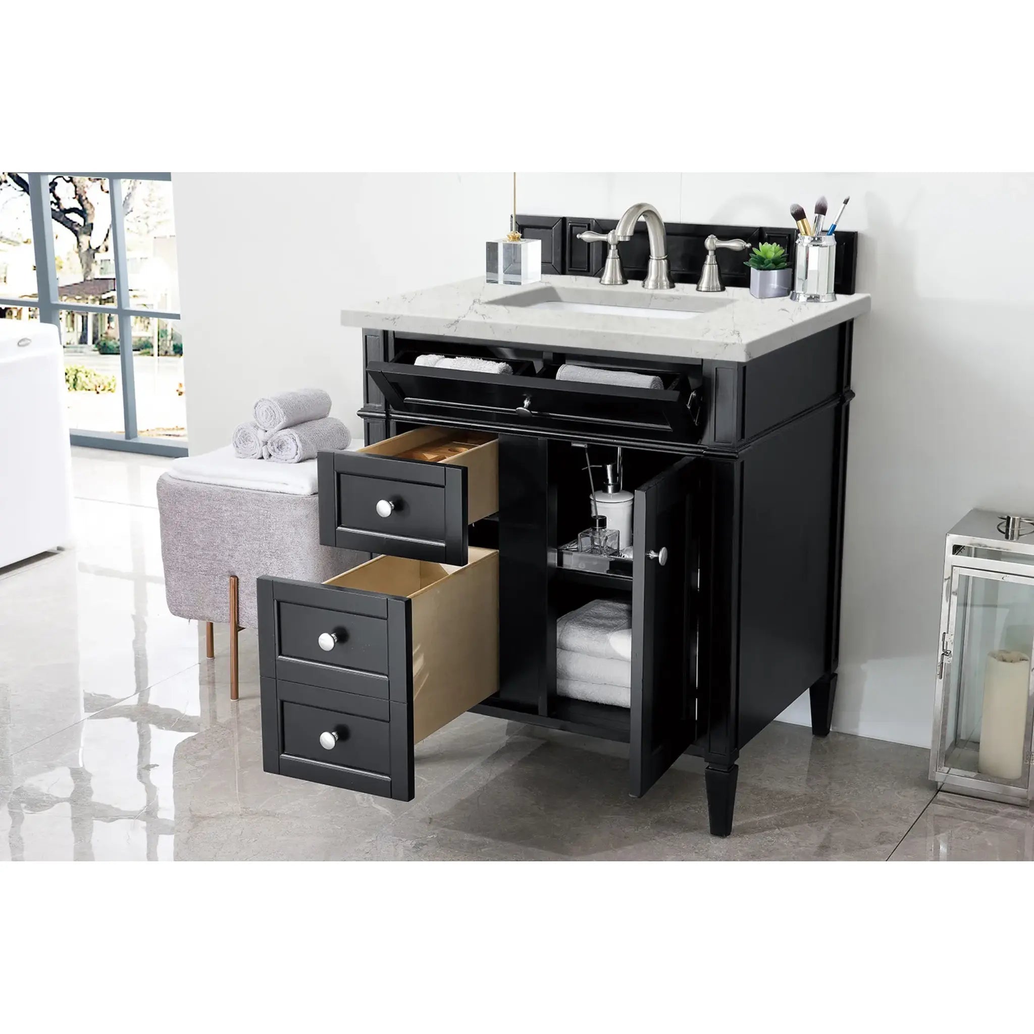 30" Brittany Single Vanity in Black Onyx-Eternal Jasmine Pearl Silestone-8" Widespread image 3
