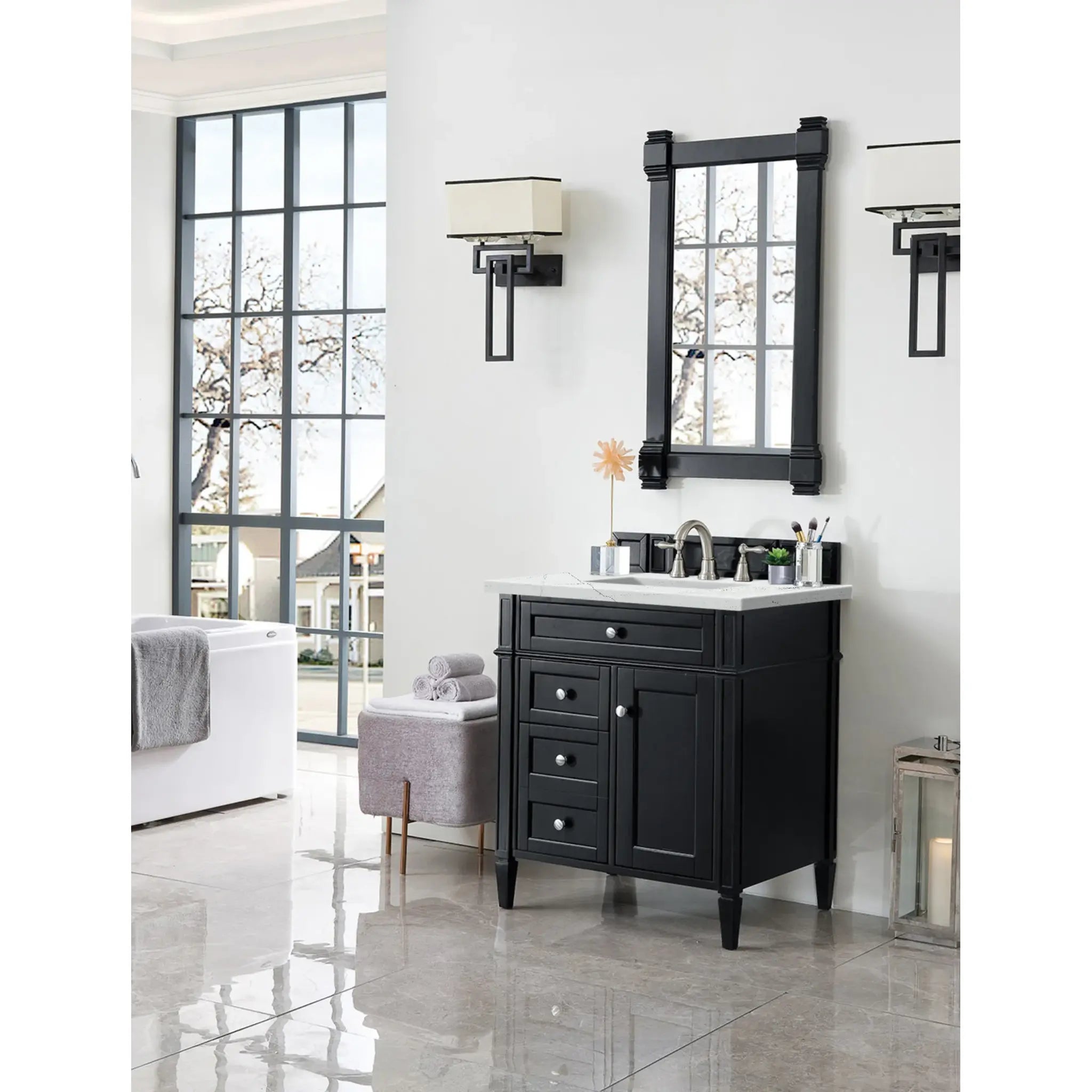 30" Brittany Single Vanity in Black Onyx-Ethereal Noctis Silestone-8" Widespread image 2