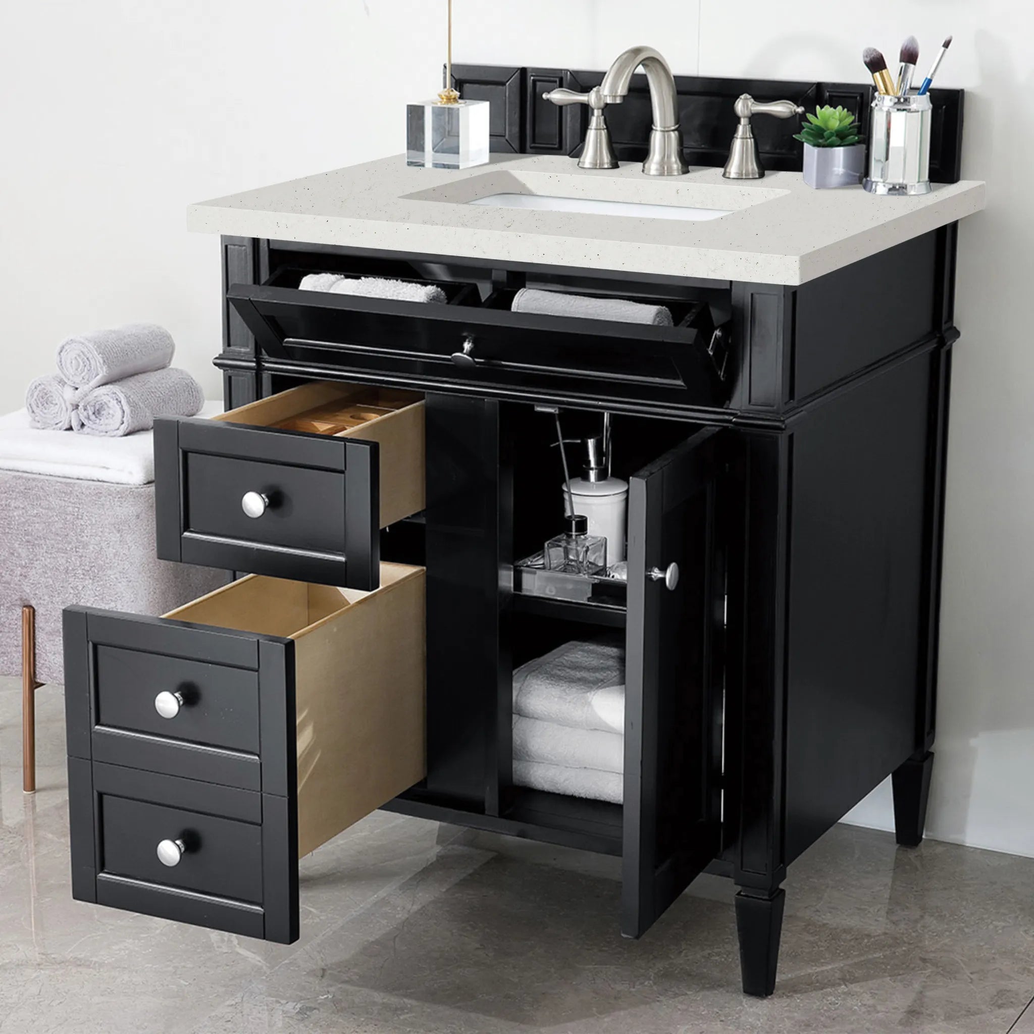 30" Brittany Single Vanity in Black Onyx-Lime Delight Silestone-8" Widespread image 3
