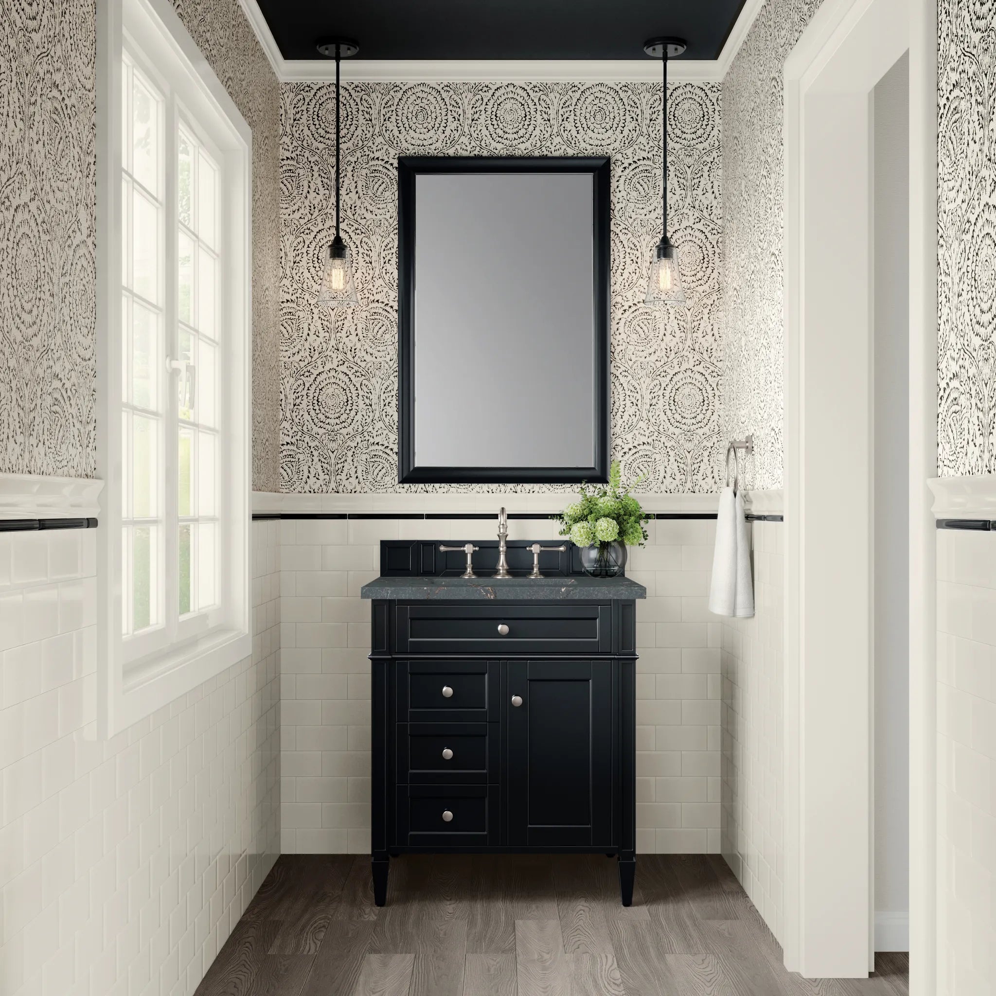 30" Brittany Single Vanity in Black Onyx-Parisien Bleu Silestone-8" Widespread image 1