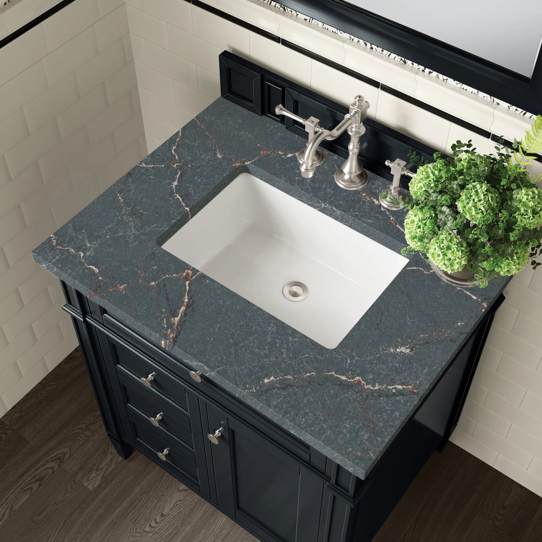 30" Brittany Single Vanity in Black Onyx-Parisien Bleu Silestone-8" Widespread image 4