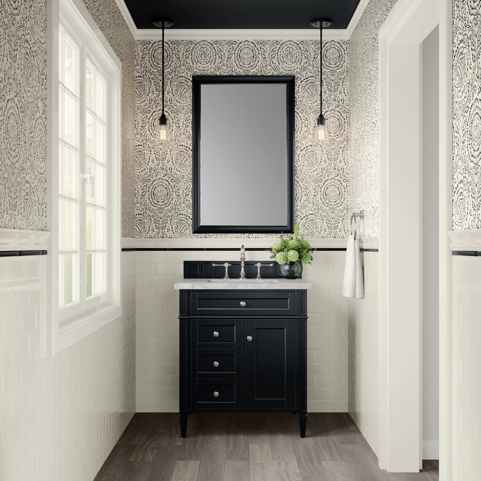 30" Brittany Single Vanity in Black Onyx-Victorian Silver Silestone-8" Widespread image 1