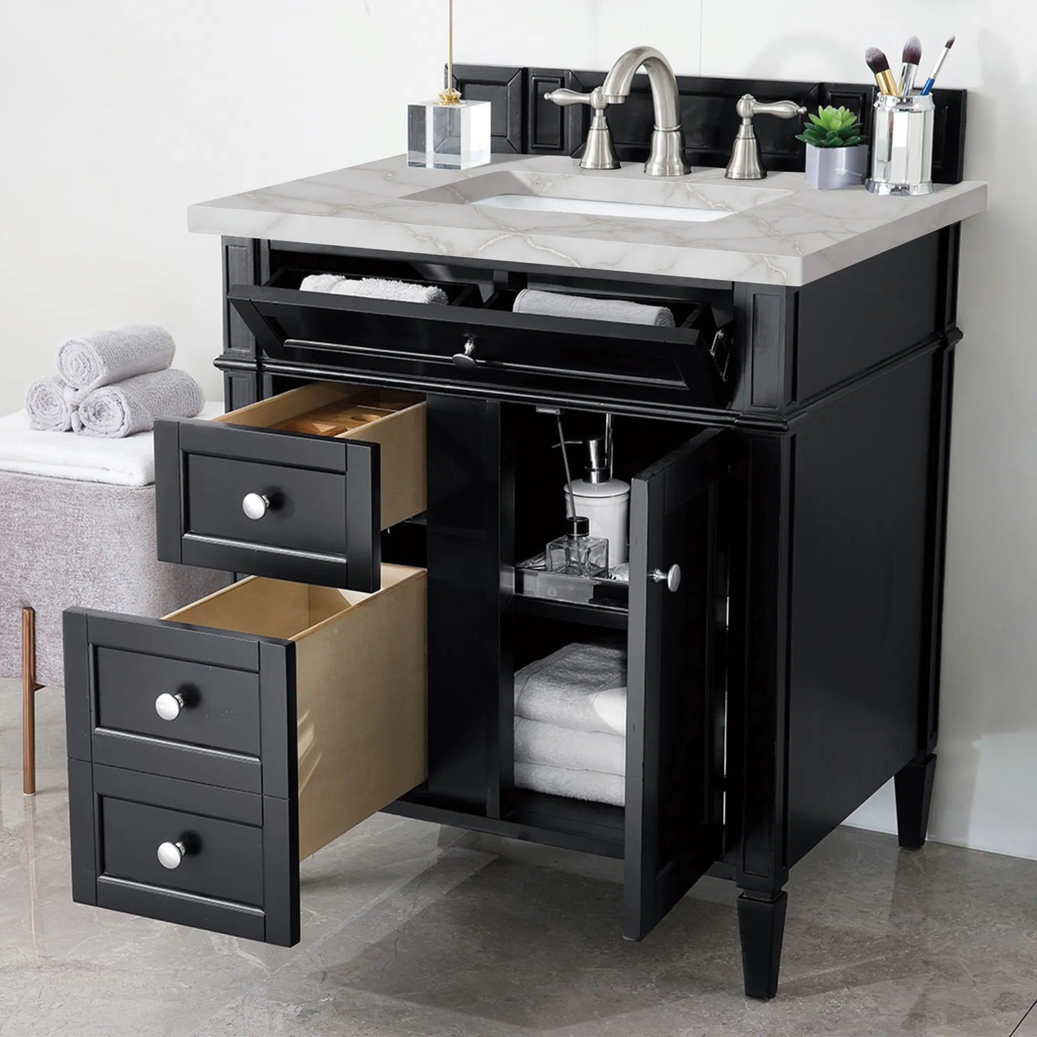 30" Brittany Single Vanity in Black Onyx-Victorian Silver Silestone-8" Widespread image 3