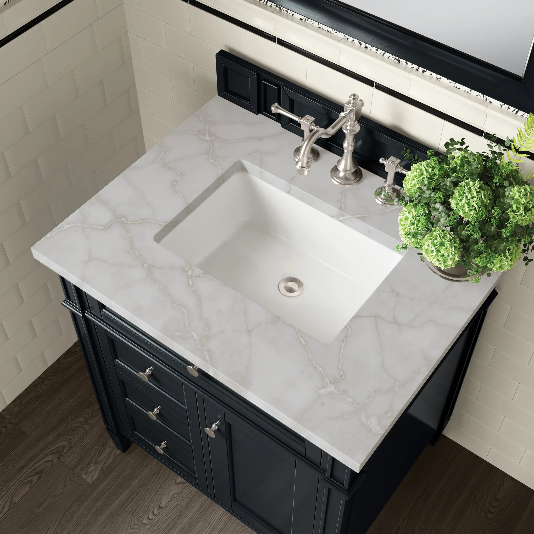 30" Brittany Single Vanity in Black Onyx-Victorian Silver Silestone-8" Widespread image 4
