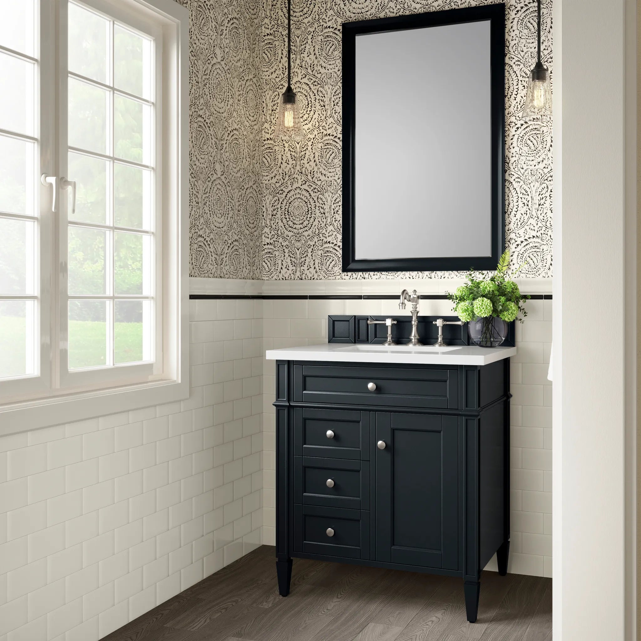 30" Brittany Single Vanity in Black Onyx-White Zeus Silestone-8" Widespread image 1