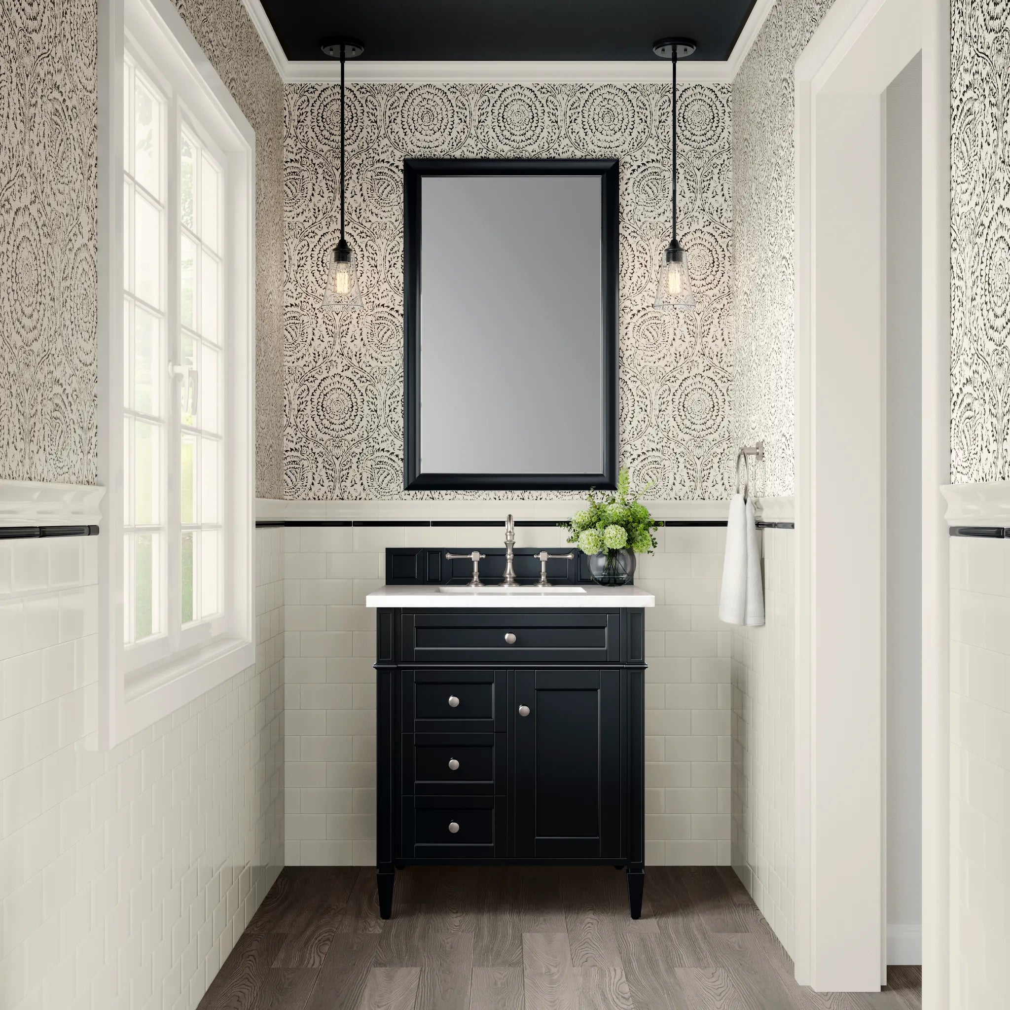 30" Brittany Single Vanity in Black Onyx-White Zeus Silestone-8" Widespread image