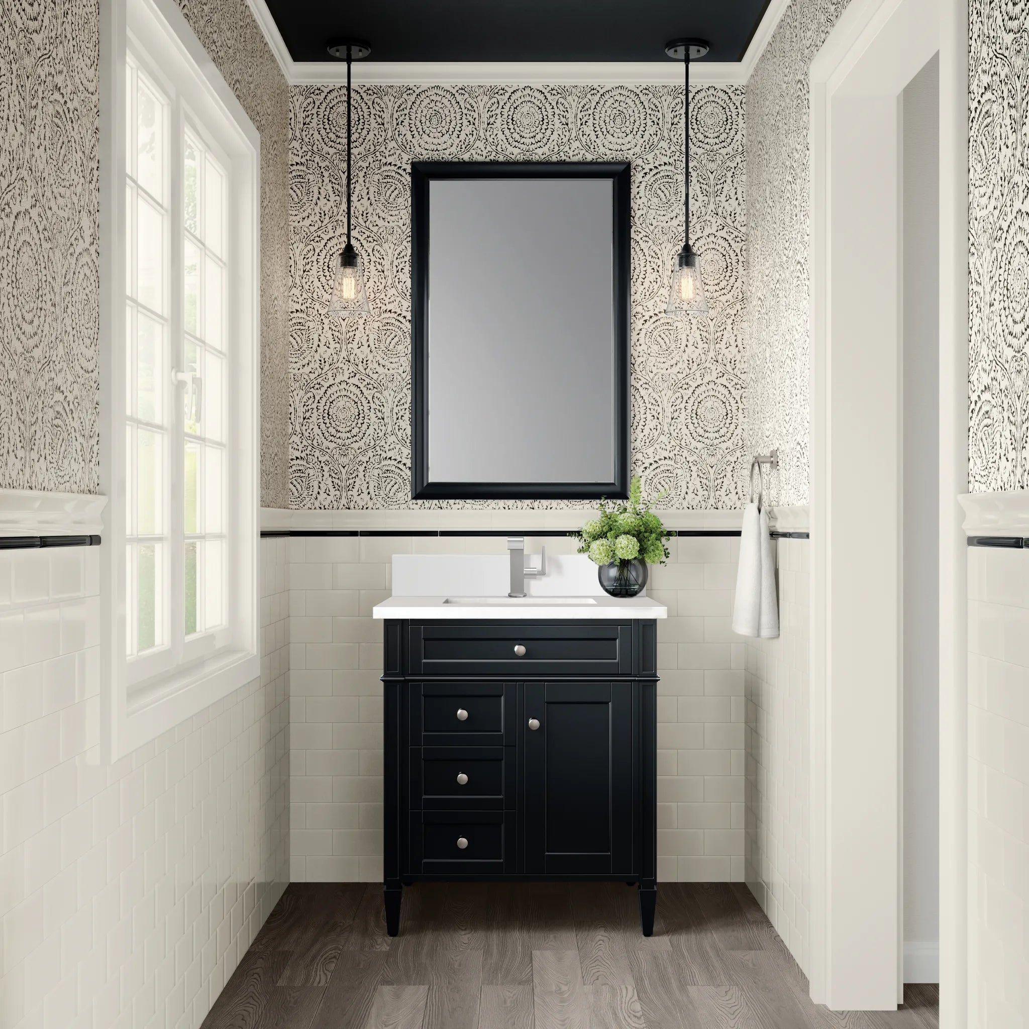 30" Brittany Single Vanity in Black Onyx-White Zeus Silestone & Backsplash-Single Hole image 1