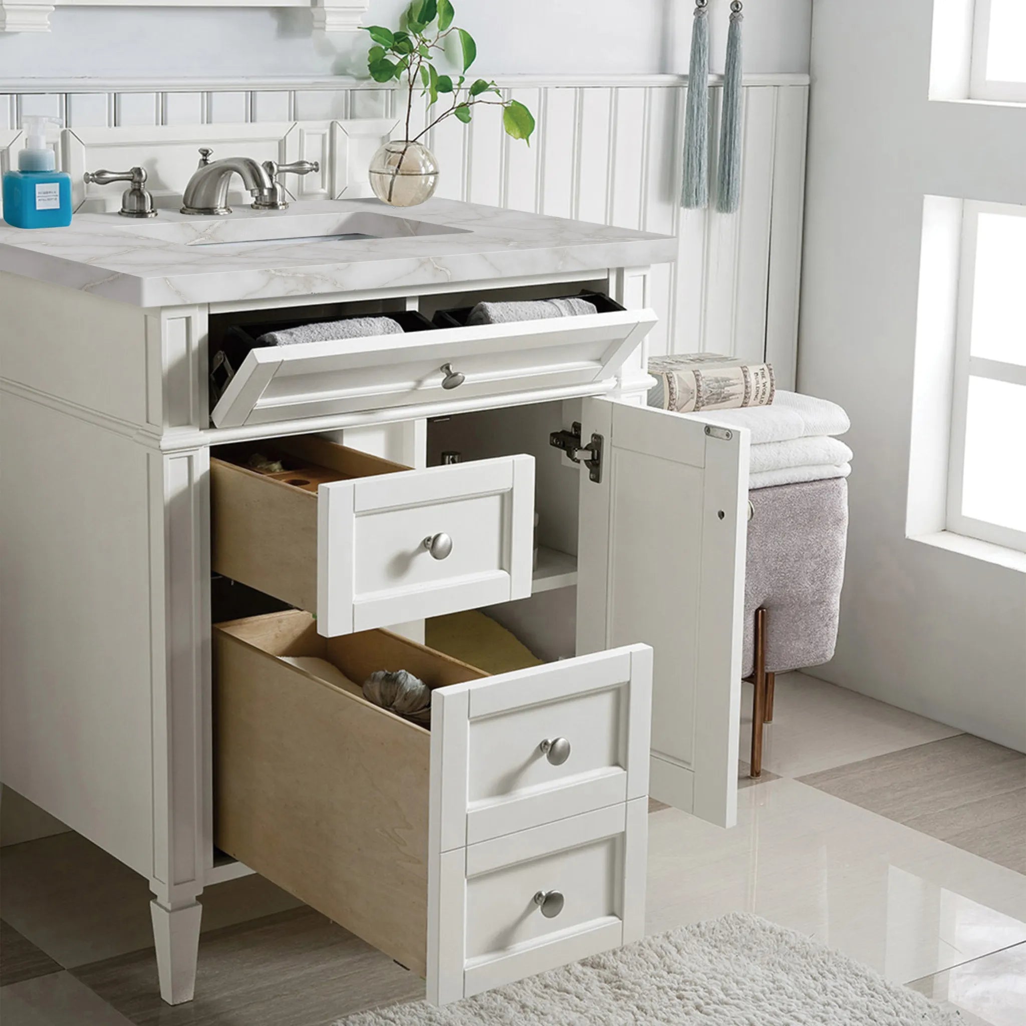 30" Brittany Single Vanity in Bright White-Victorian Silver Silestone-8" Widespread image 3