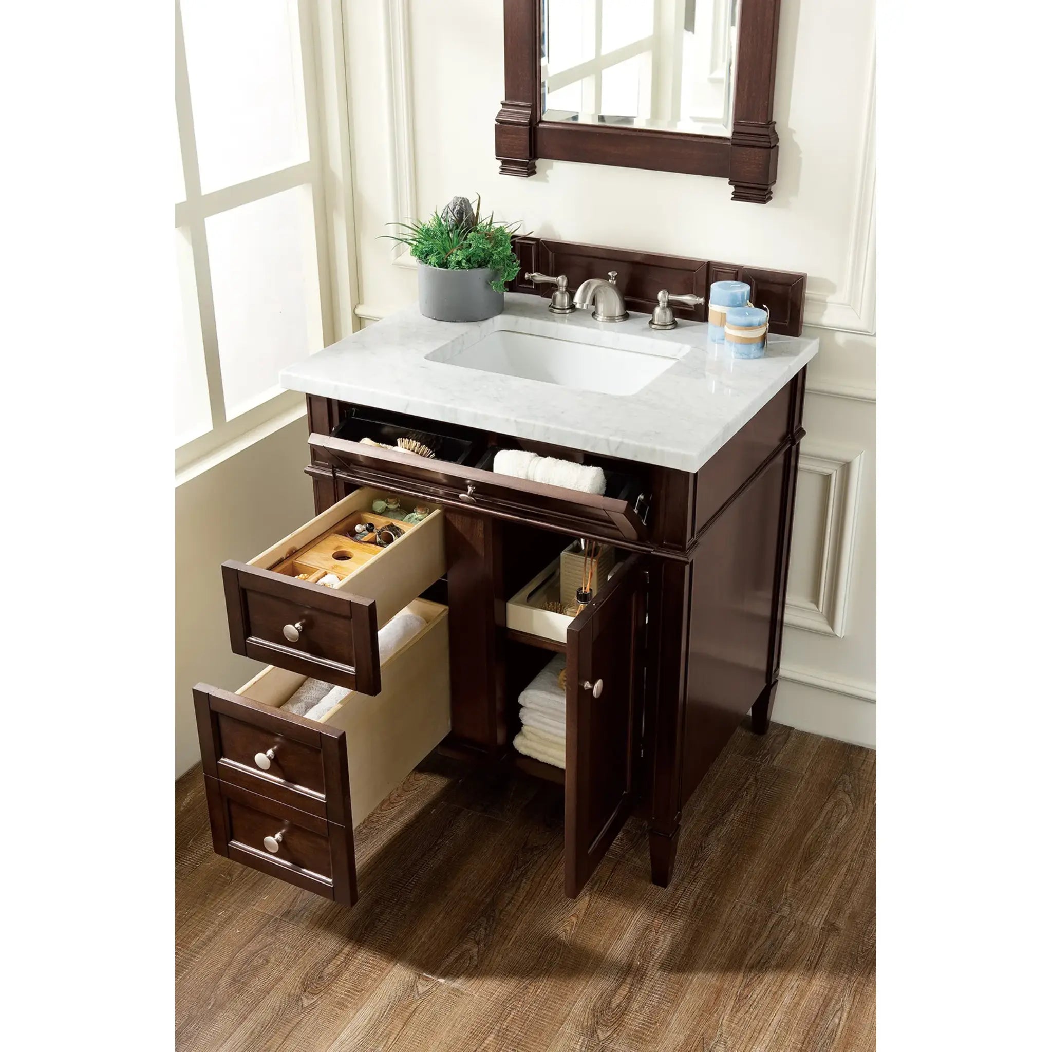 30" Brittany Single Vanity in Burnished Mahogany-Carrara White Marble-8" Widespread image 3