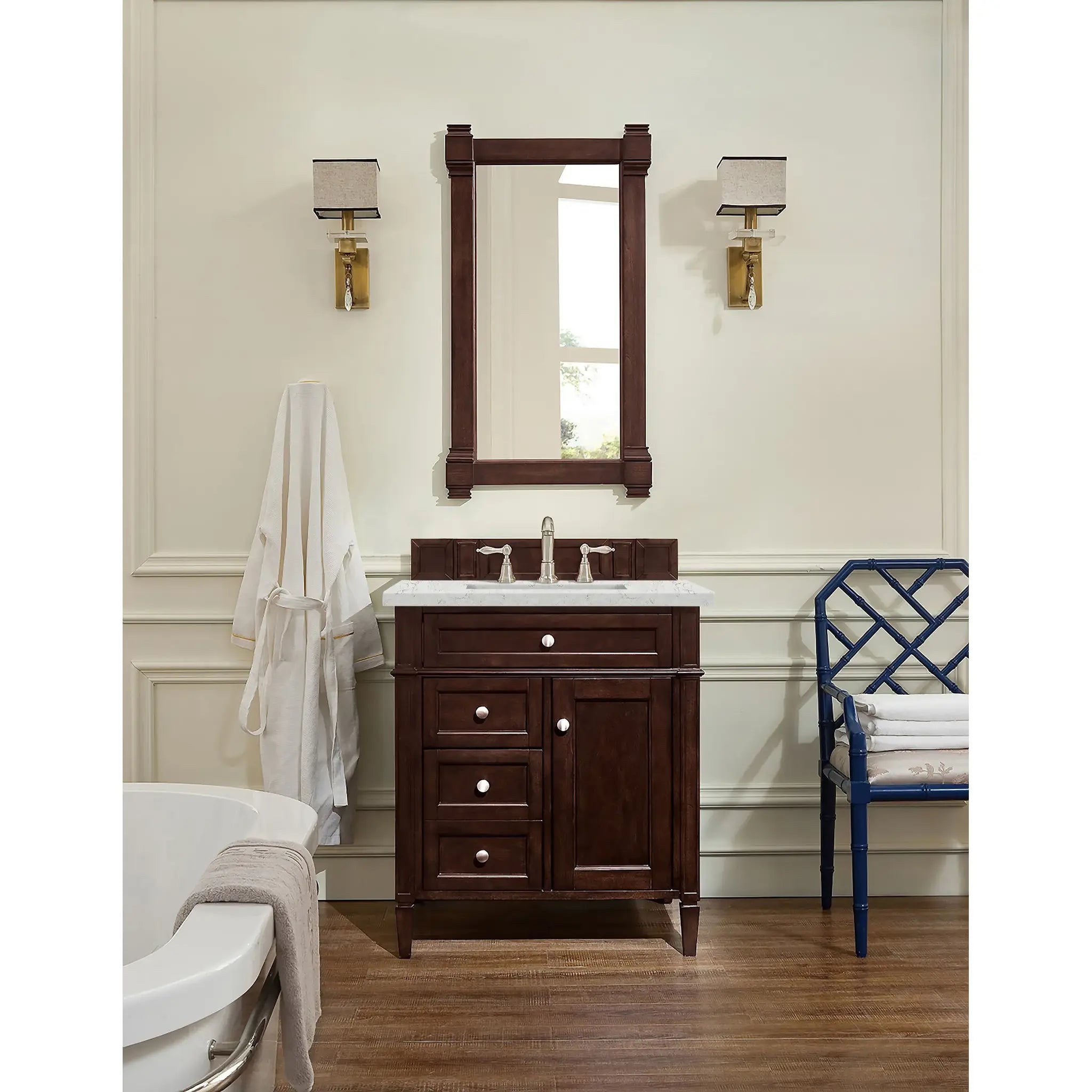 30" Brittany Single Vanity in Burnished Mahogany-Eternal Jasmine Pearl Silestone-8" Widespread image 1