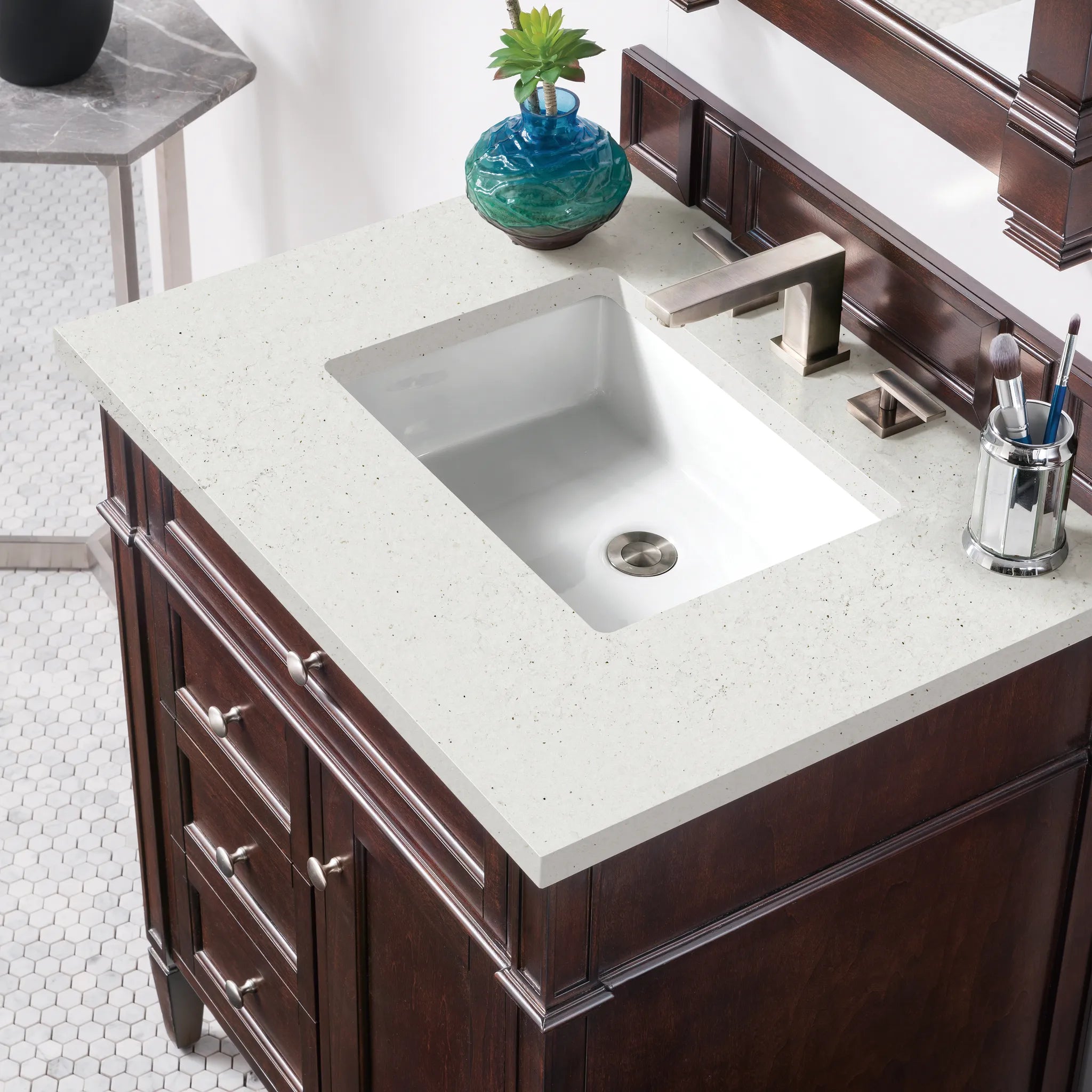 30" Brittany Single Vanity in Burnished Mahogany-Lime Delight Silestone-8" Widespread image 4