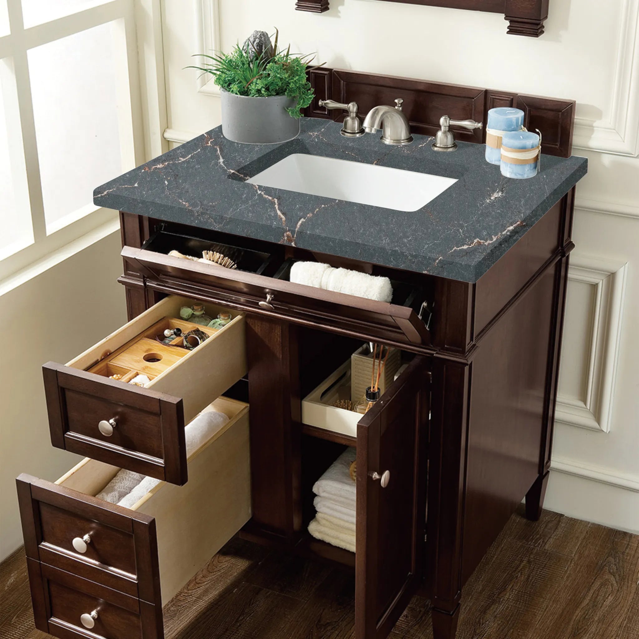 30" Brittany Single Vanity in Burnished Mahogany-Parisien Bleu Silestone-8" Widespread image 3