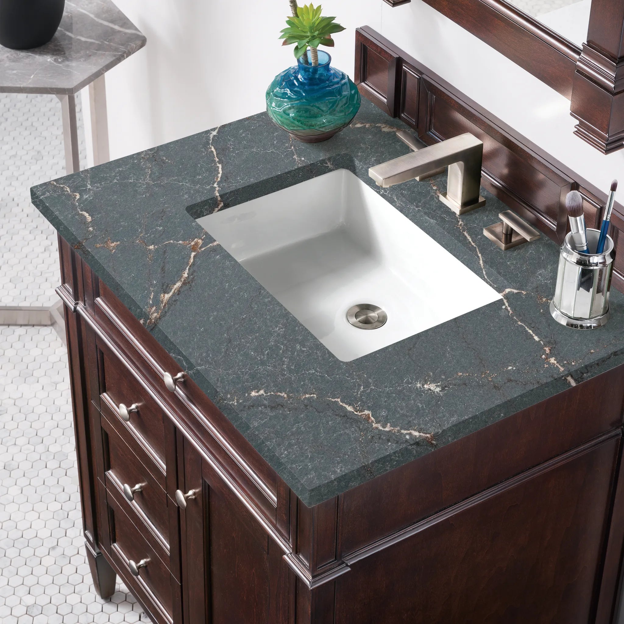 30" Brittany Single Vanity in Burnished Mahogany-Parisien Bleu Silestone-8" Widespread image 4
