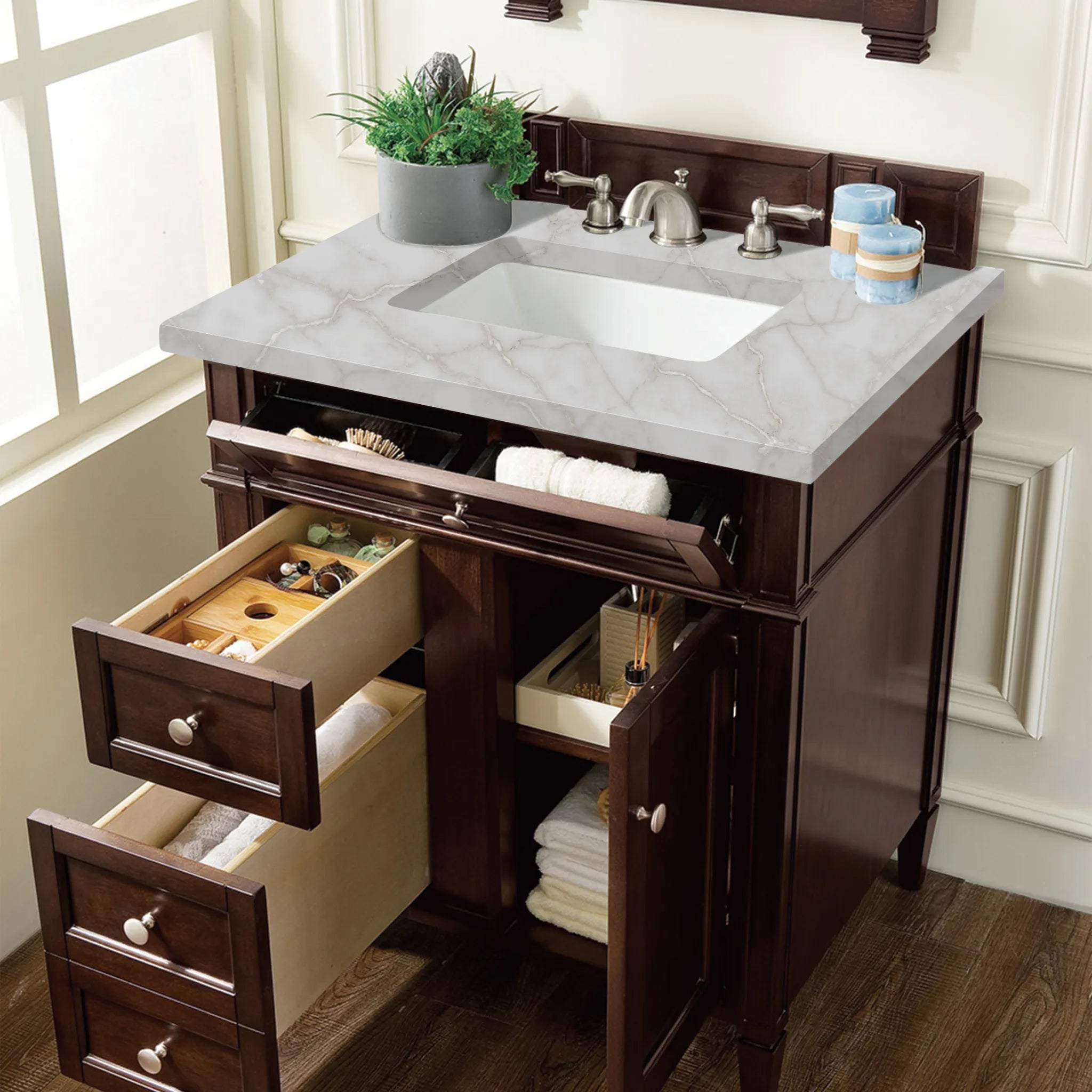 30" Brittany Single Vanity in Burnished Mahogany-Victorian Silver Silestone-8" Widespread image 3