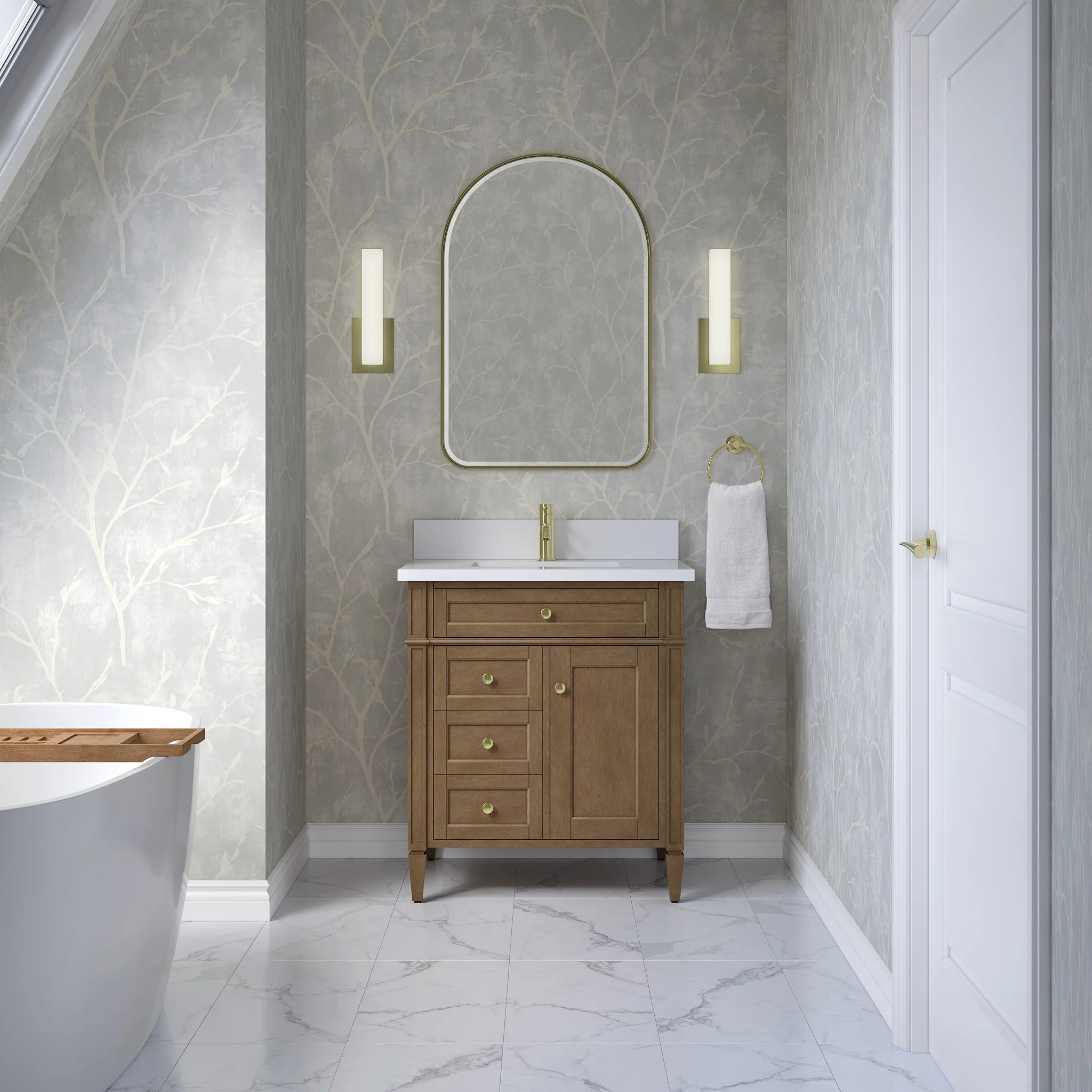 30" Brittany Single Vanity in Pecan by James Martin Vanities-White Zeus Silestone & Backsplash 1