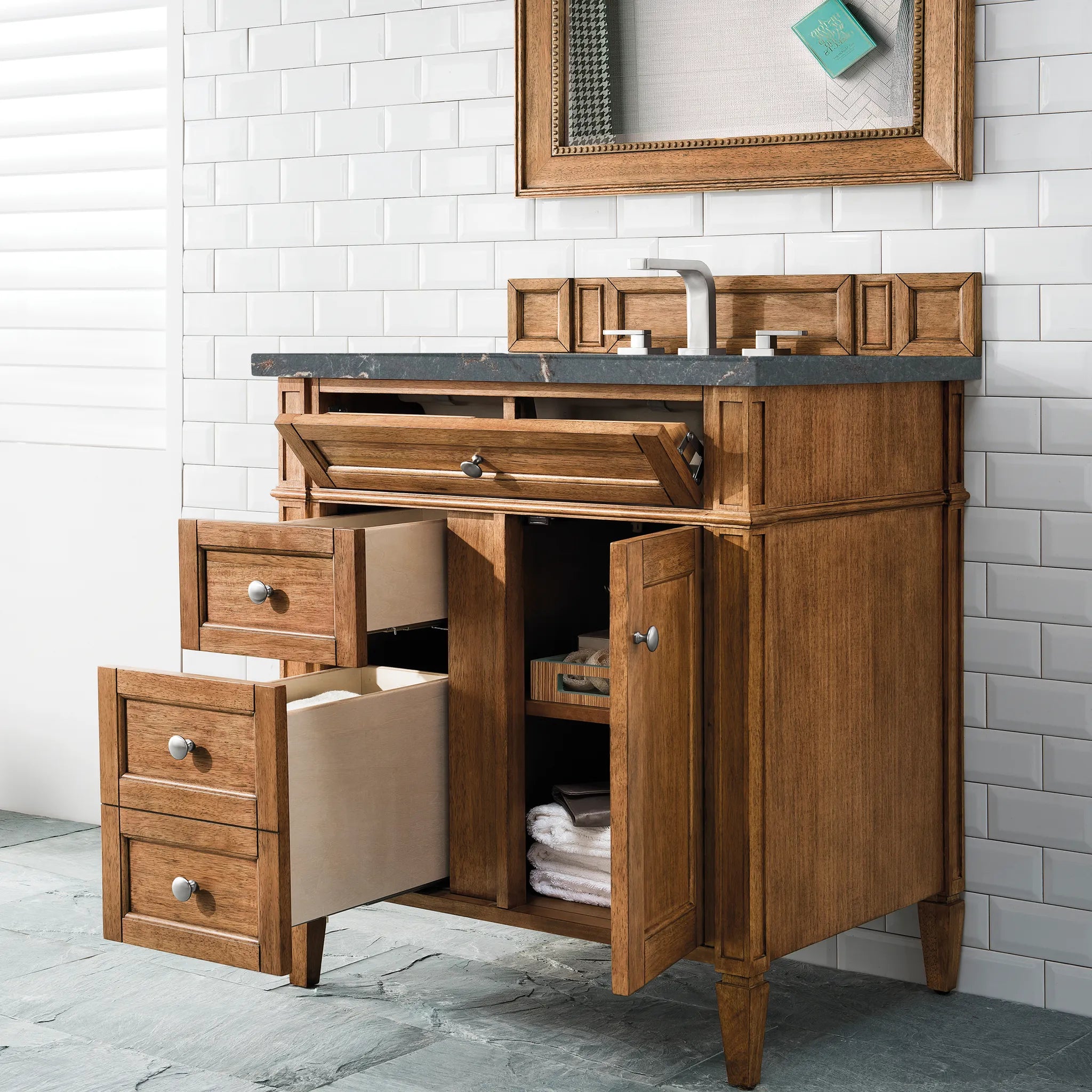 30" Brittany Single Vanity in Saddle Brown-Parisien Bleu Silestone-8" Widespread image 3