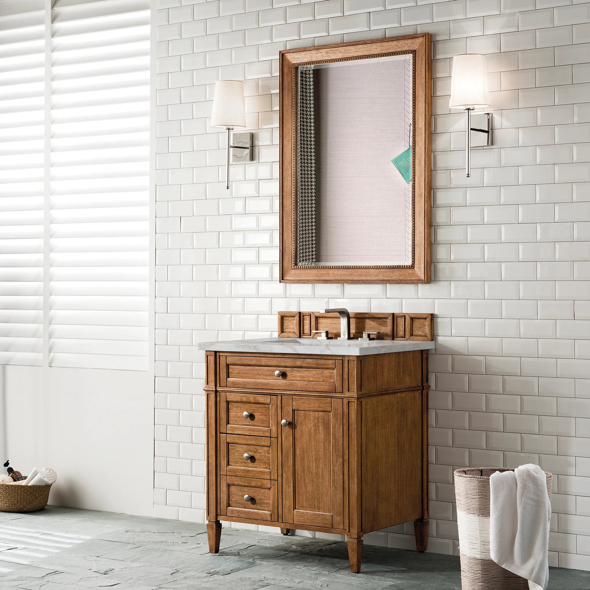 30" Brittany Single Vanity in Saddle Brown-Victorian Silver Silestone-8" Widespread image 2