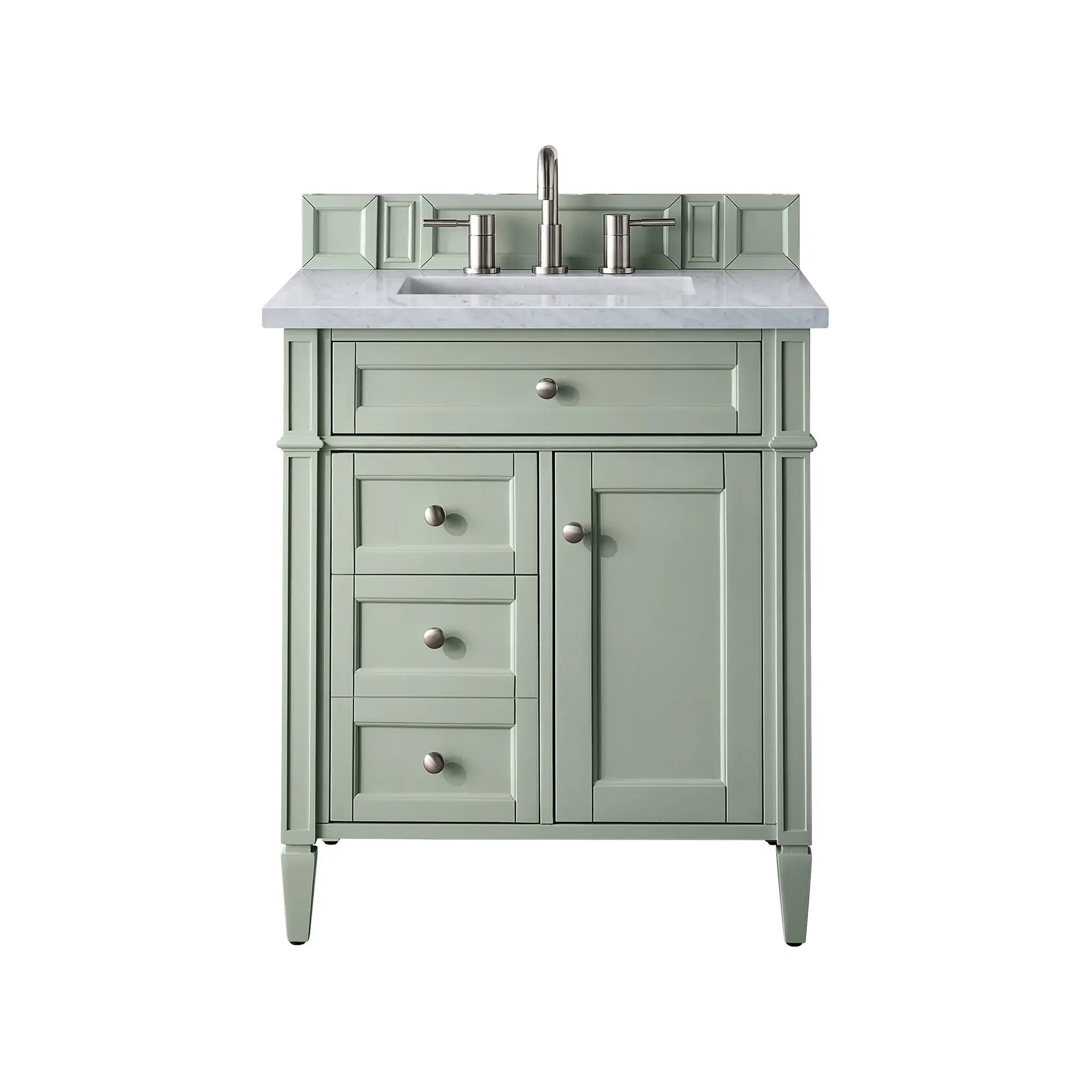 30" Brittany Single Vanity in Sage Green-Carrara White Marble-8" Widespread image