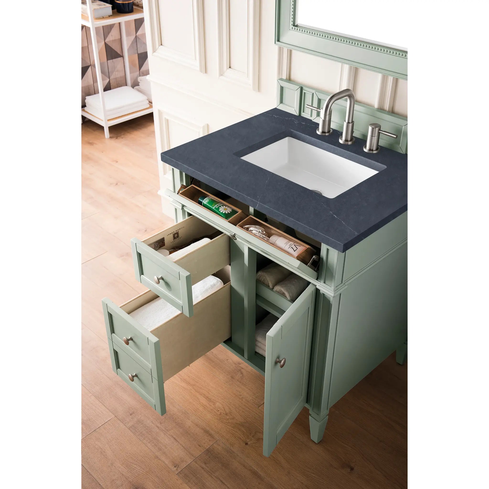 30" Brittany Single Vanity in Sage Green-Charcoal Soapstone Silestone-8" Widespread image 3