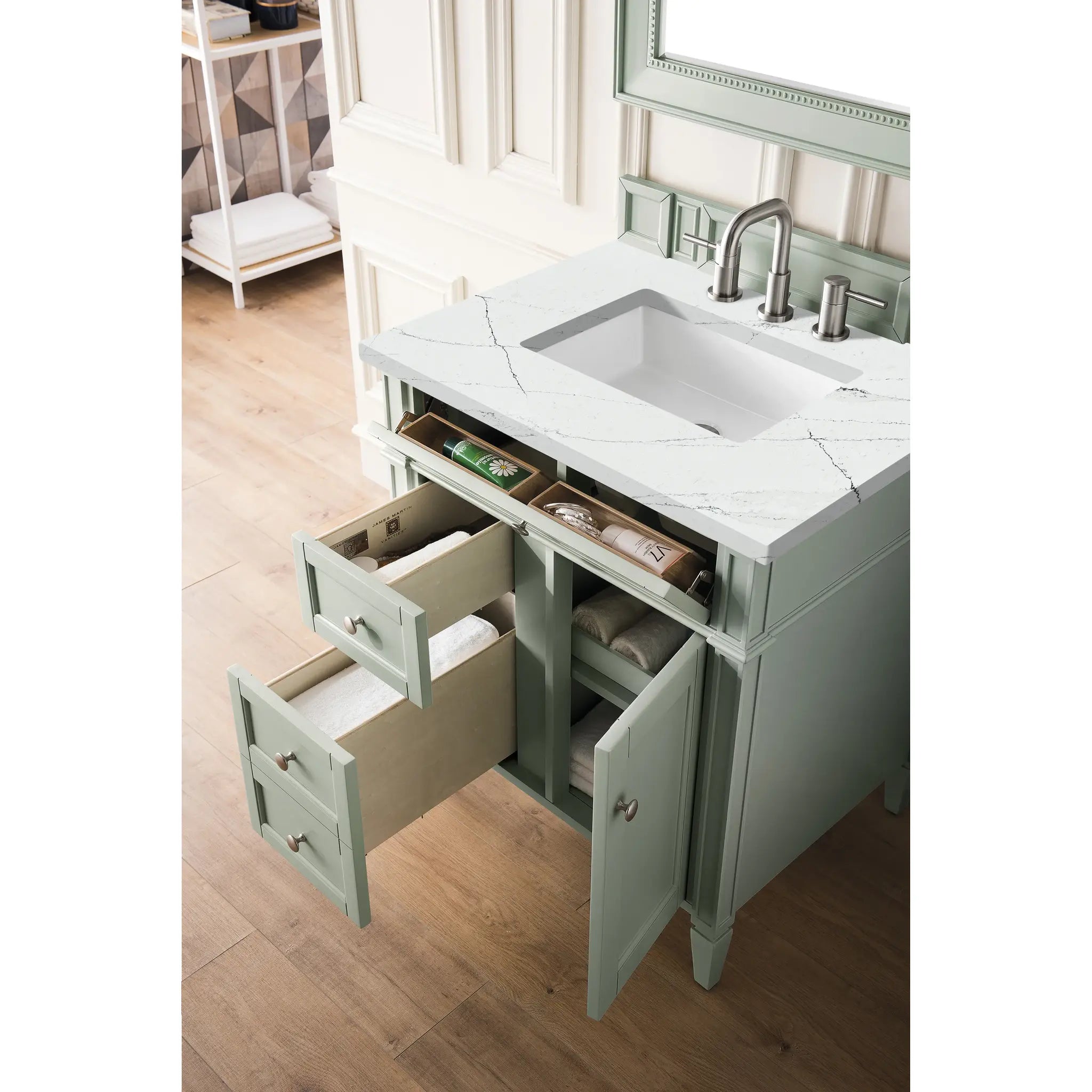 30" Brittany Single Vanity in Sage Green-Ethereal Noctis Silestone-8" Widespread image 3