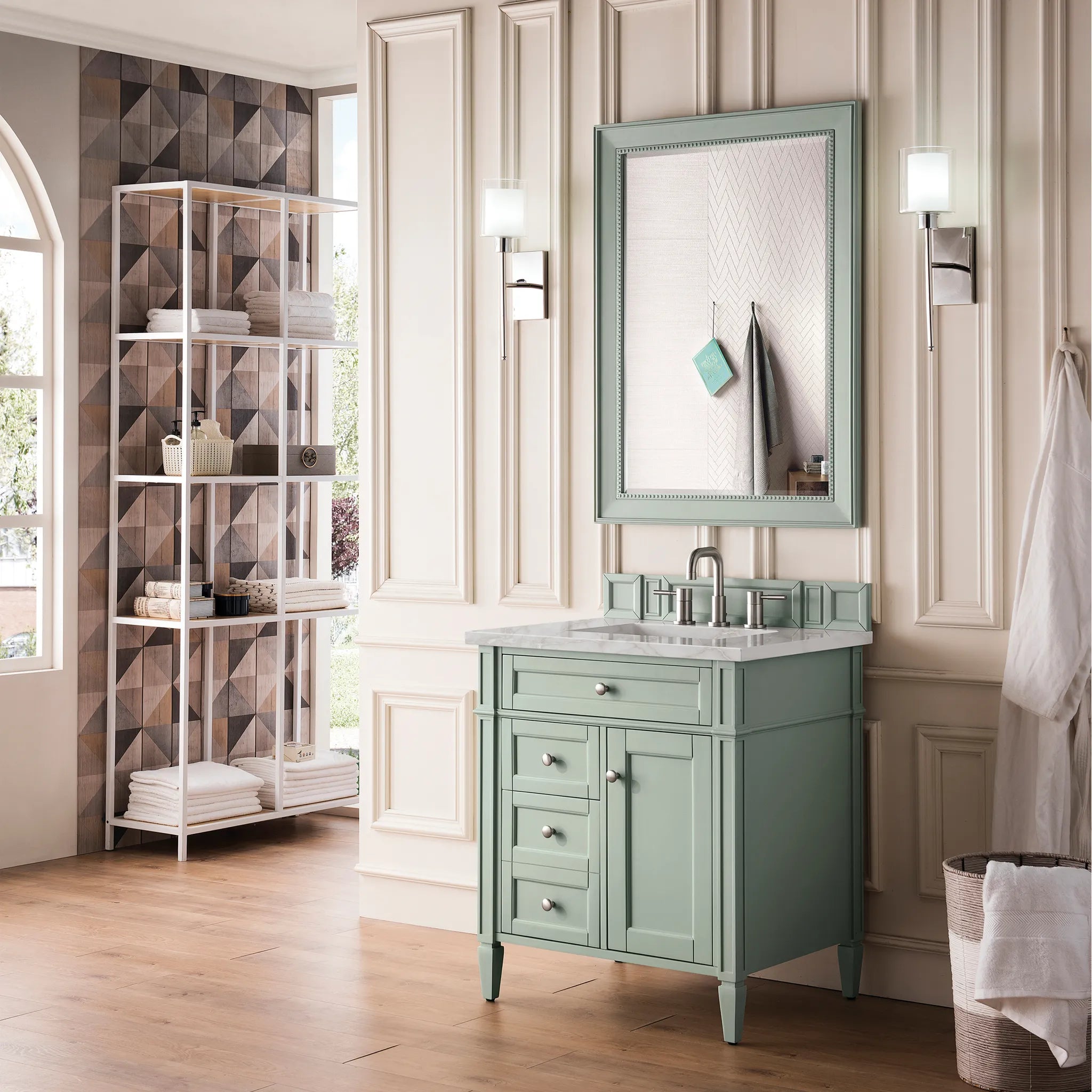 30" Brittany Single Vanity in Sage Green-Victorian Silver Silestone-8" Widespread image 2