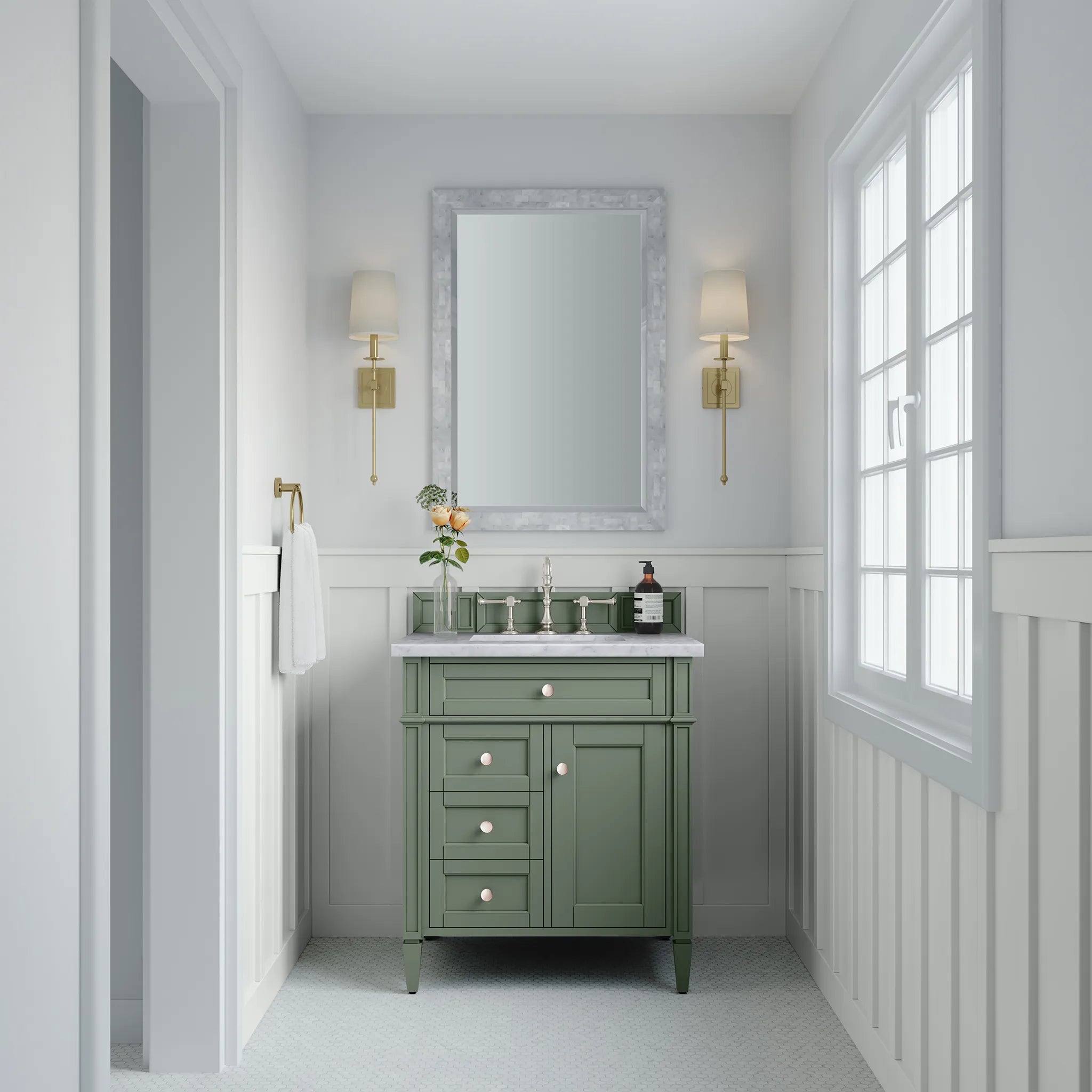 30" Brittany Single Vanity in Smokey Celadon-Carrara White Marble-8" Widespread image 2