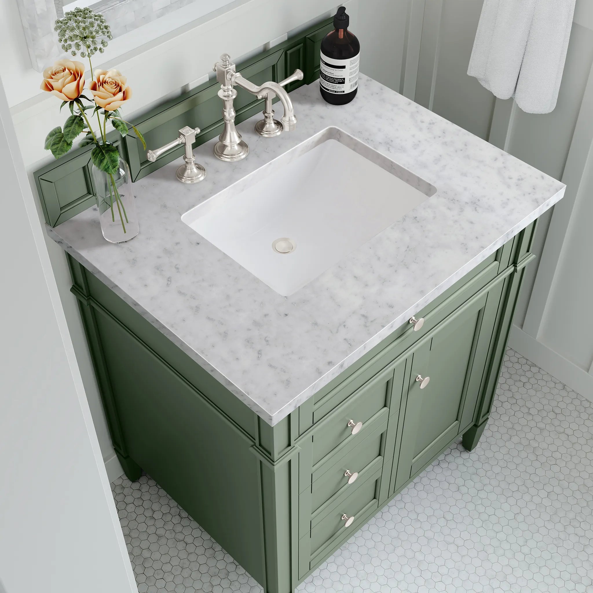 30" Brittany Single Vanity in Smokey Celadon-Carrara White Marble-8" Widespread image 4