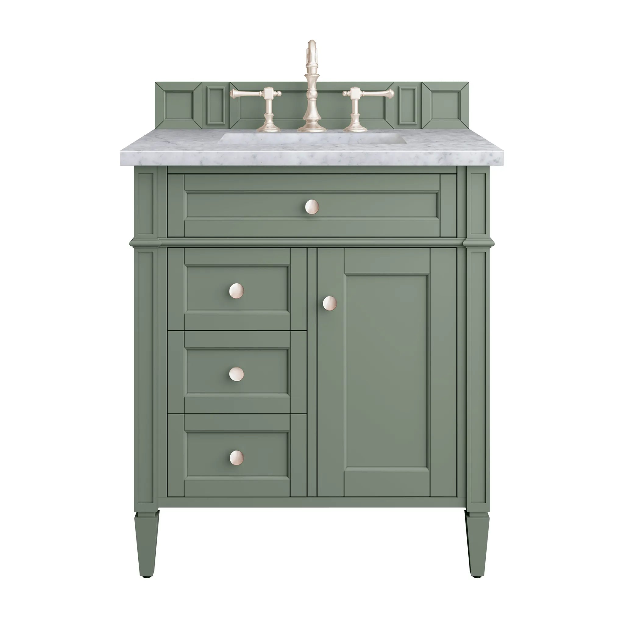30" Brittany Single Vanity in Smokey Celadon-Carrara White Marble-8" Widespread image