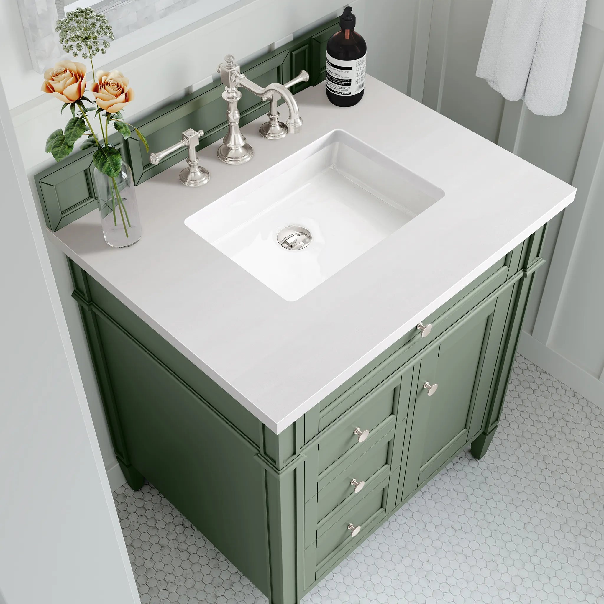 30" Brittany Single Vanity in Smokey Celadon-White Zeus Silestone-8" Widespread image 4