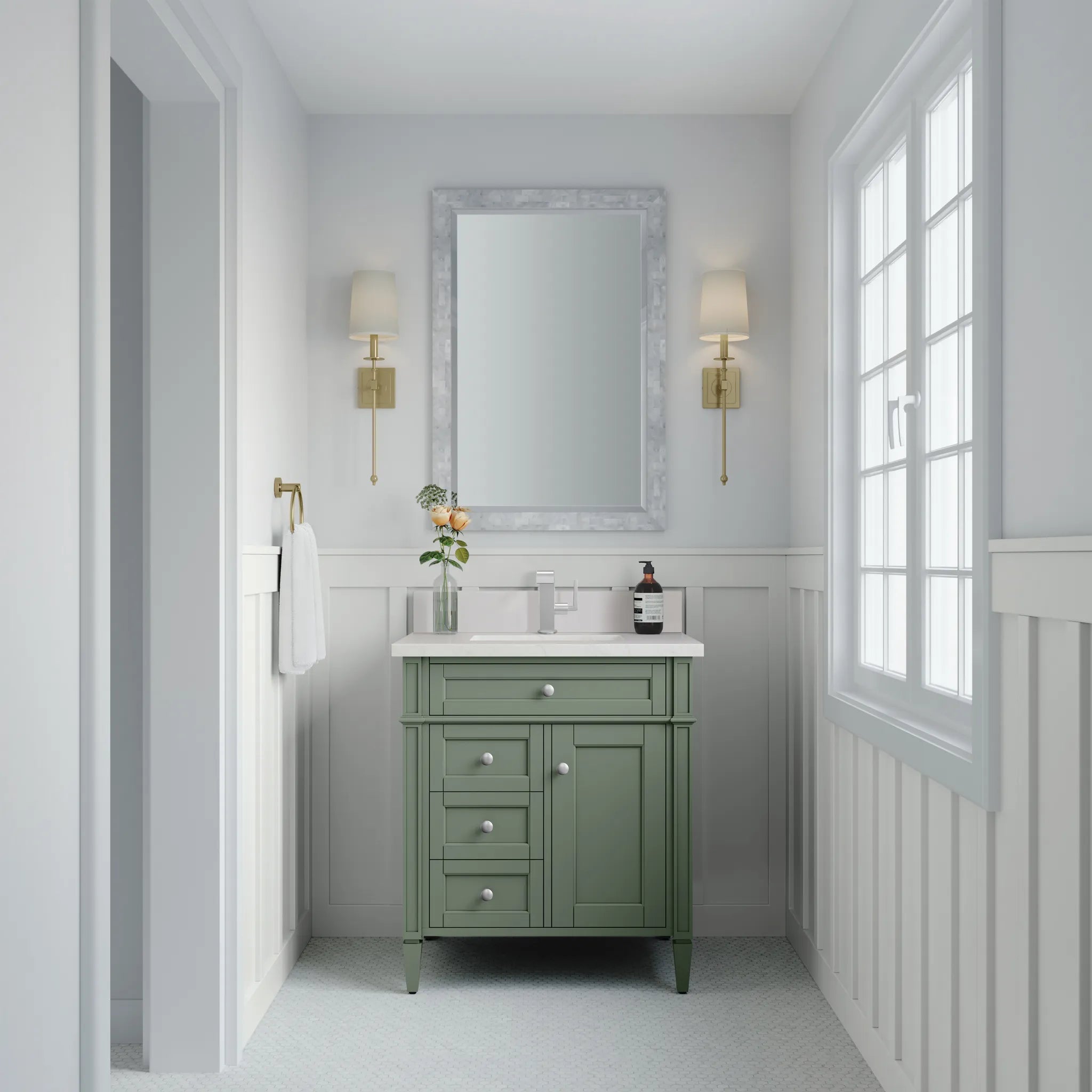 30" Brittany Single Vanity in Smokey Celadon-White Zeus Silestone & Backsplash-Single Hole image 1