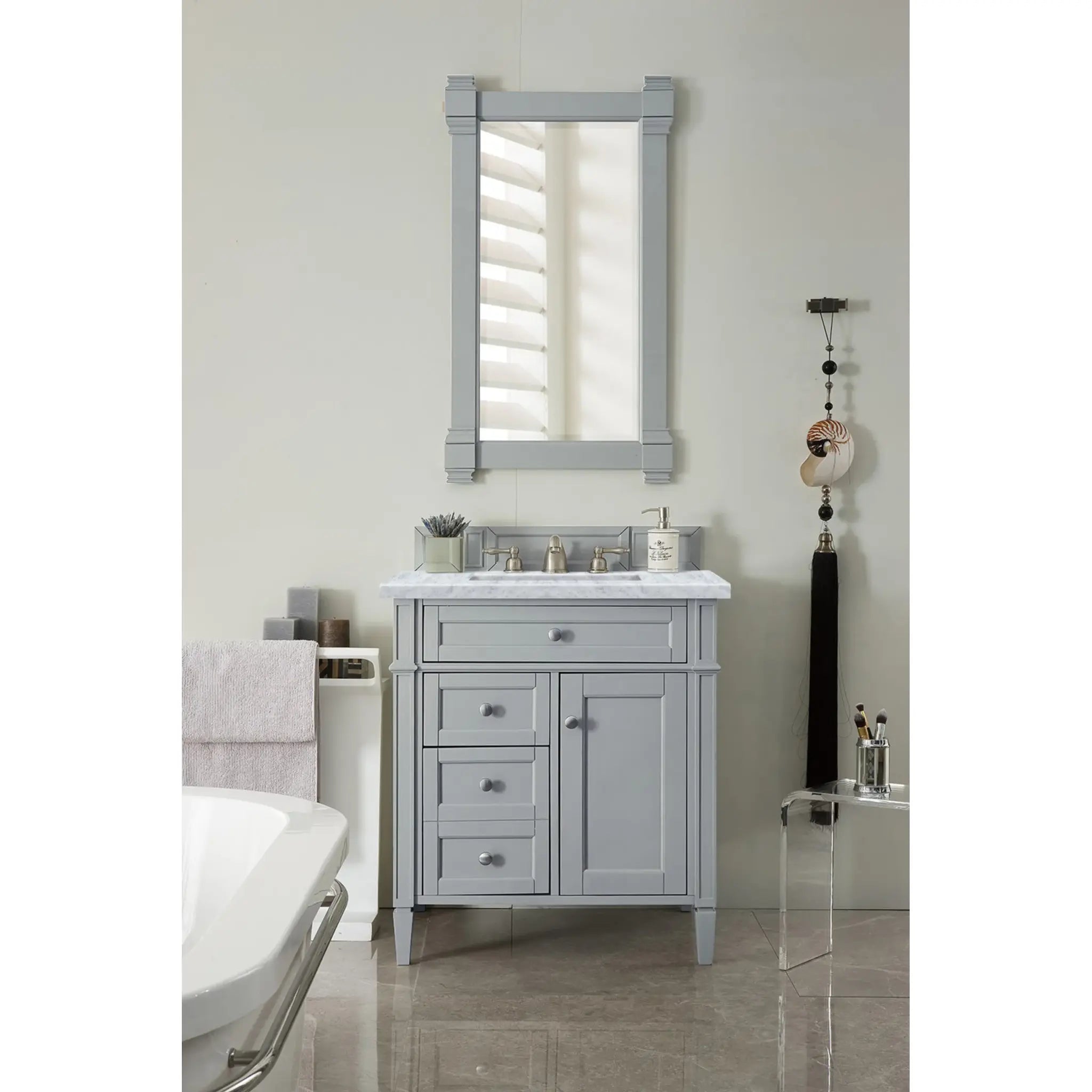 30" Brittany Single Vanity in Urban Gray-Carrara White Marble-8" Widespread image 1