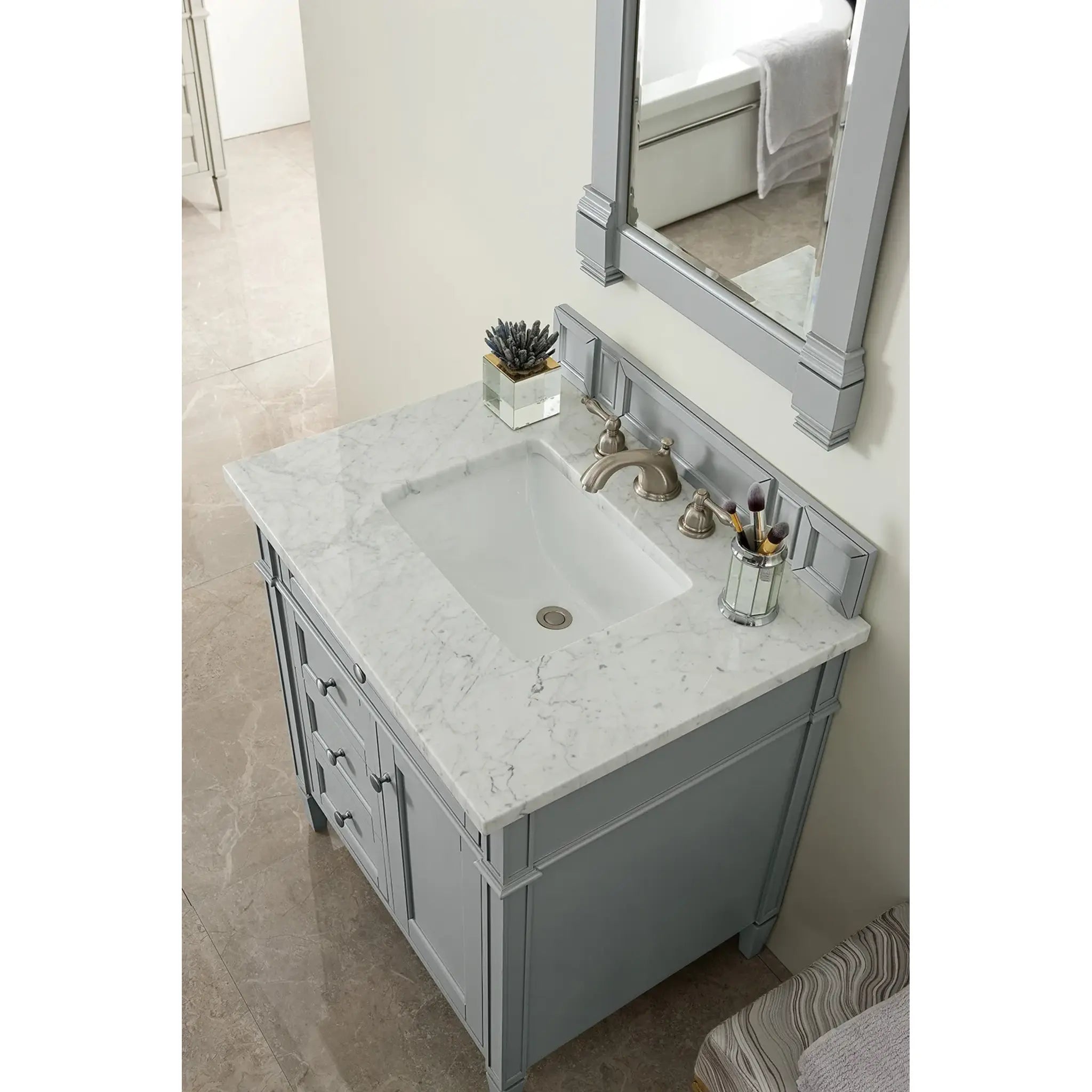 30" Brittany Single Vanity in Urban Gray-Carrara White Marble-8" Widespread image 2