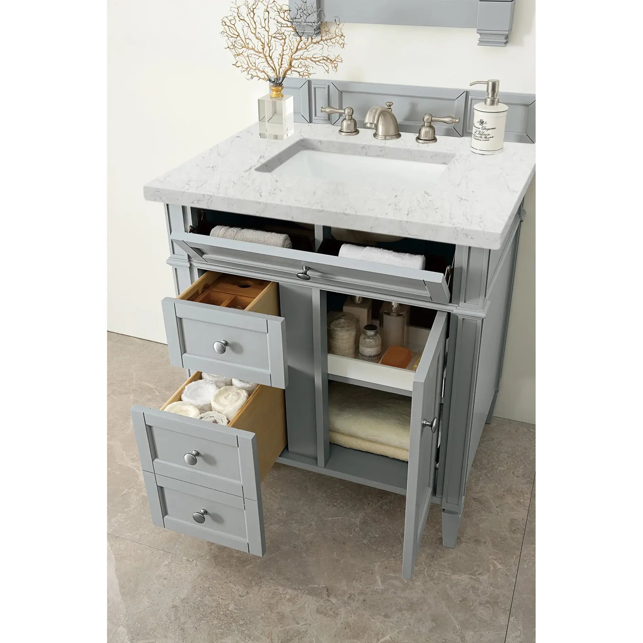 30" Brittany Single Vanity in Urban Gray-Eternal Jasmine Pearl Silestone-8" Widespread image 3